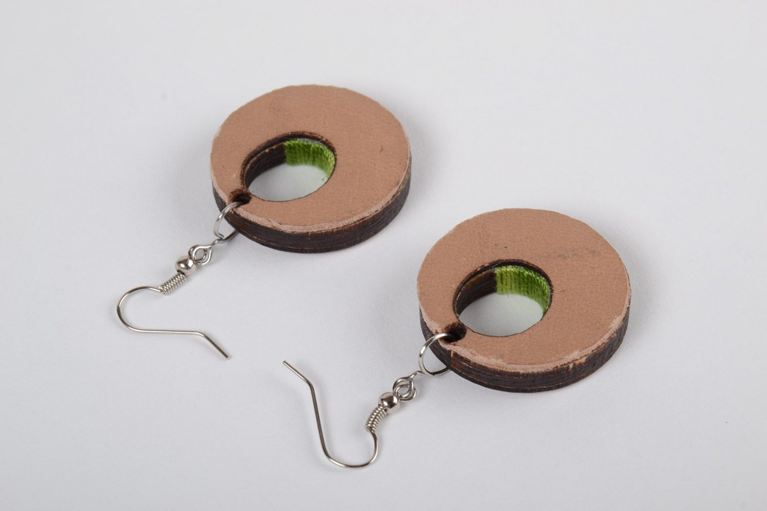 Handmade round shaped plywood earrings with green embroidery  photo 3