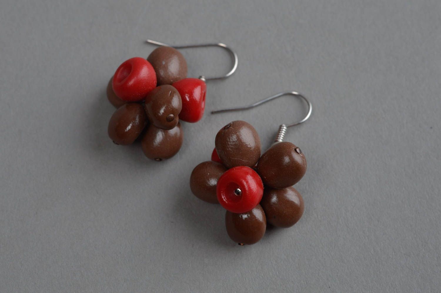Handmade brown accessory earrings in shape of coffee beans designer jewelry photo 2