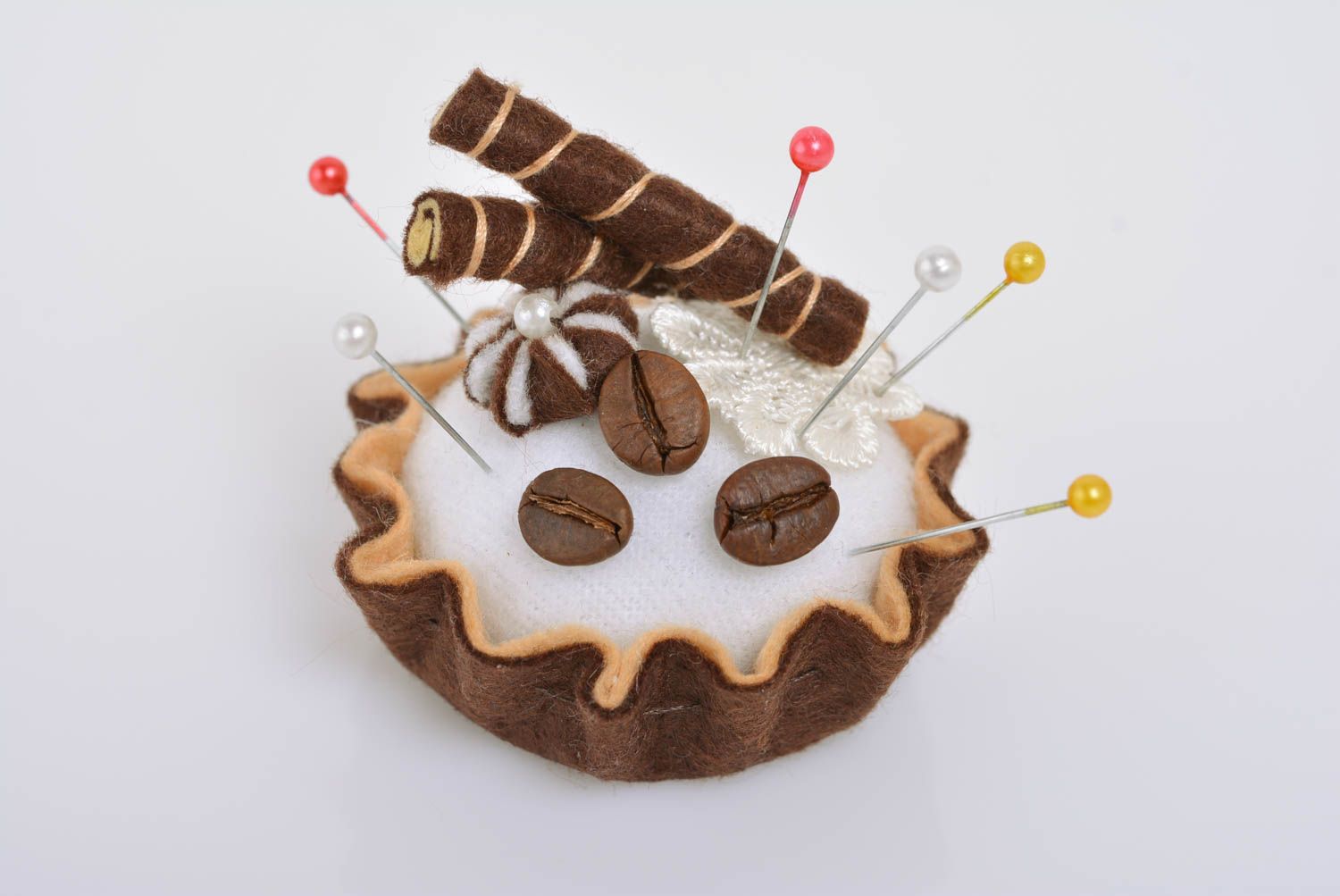 Handmade designer decorative felt pincushion in the shape of chocolate cake photo 1