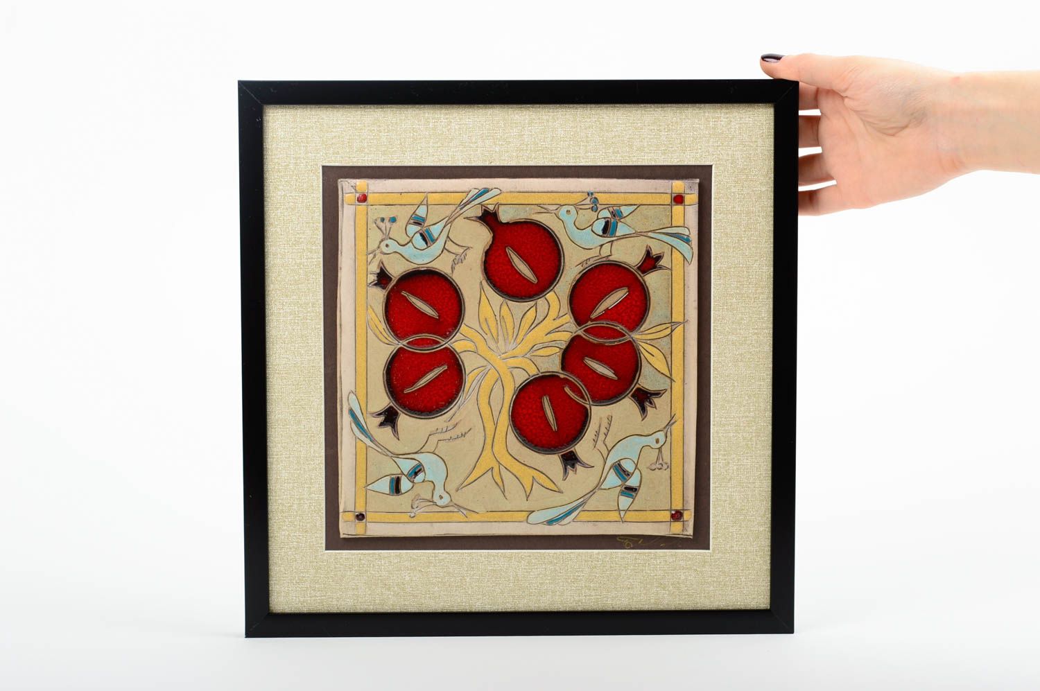 Quadratisches originelles handgemachtes Wandbild aus Tor rote Granatäpfel foto 1