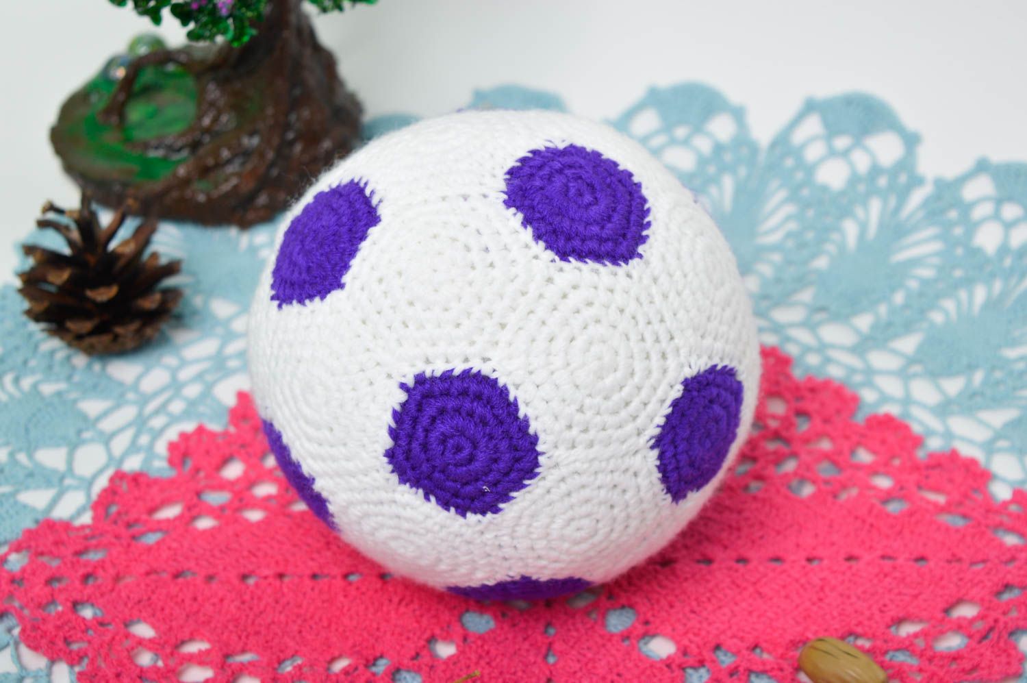 Handmade soft toy decorative crocheted toy white and purple crocheted ball photo 1