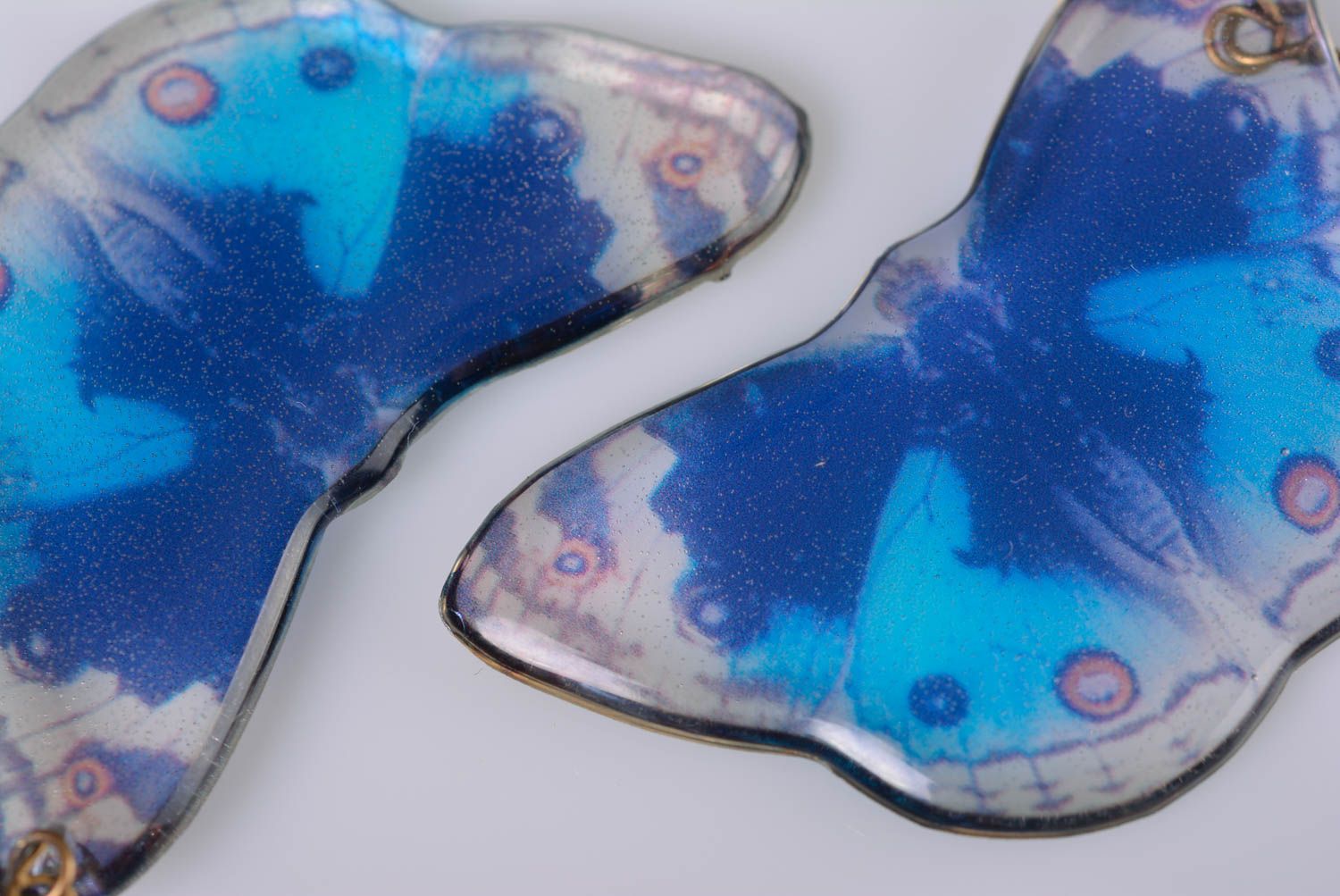 Bright summer handmade earrings of epoxy resin with blue butterflies photo 4