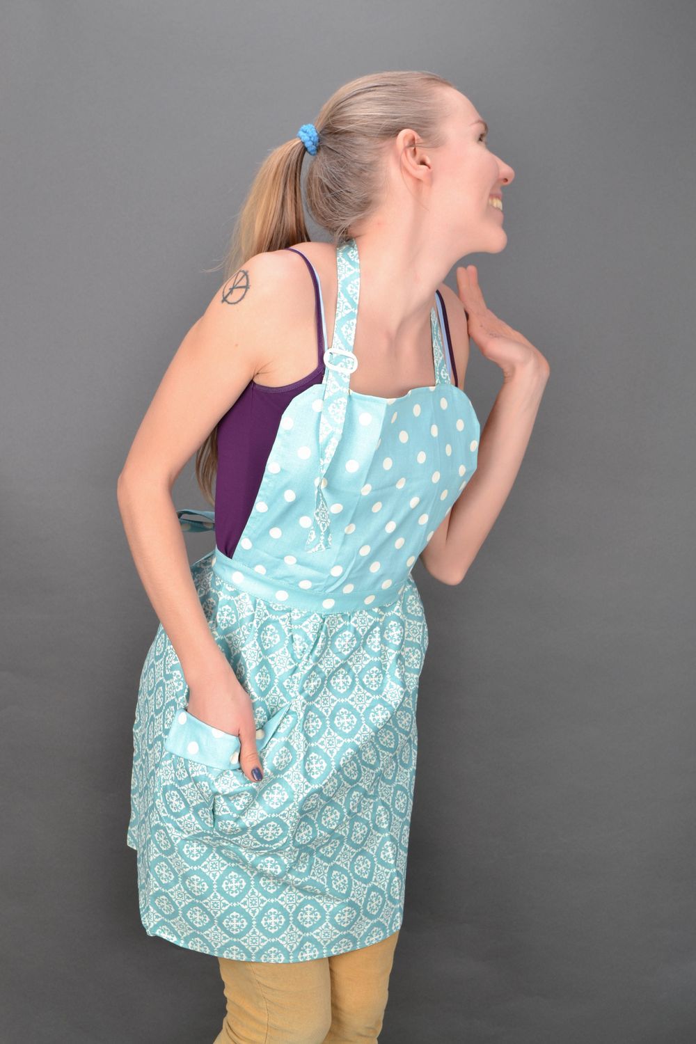 Polka dot blue fabric kitchen apron photo 1