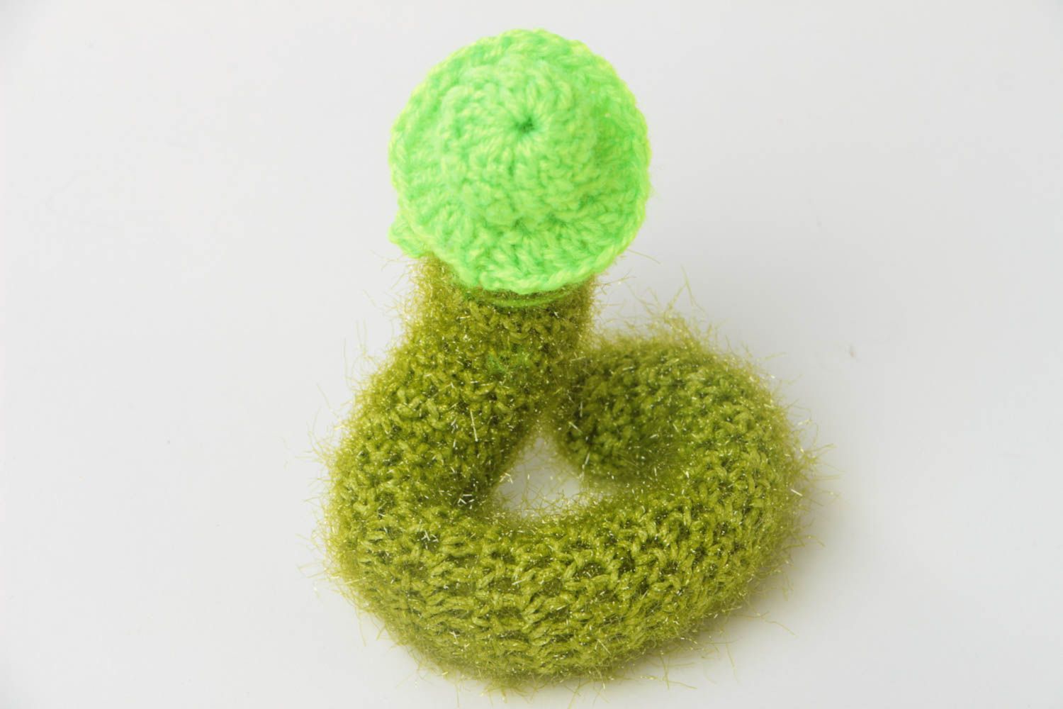 Beautiful handmade soft toy crocheted of acrylic threads green snake in hat photo 3