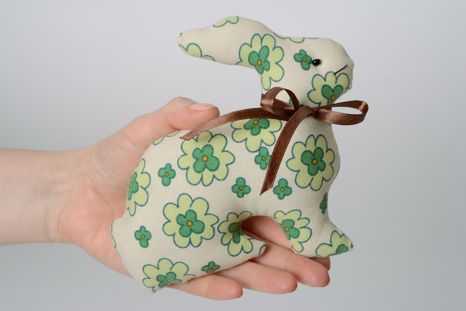 Handmade cotton fabric soft toy hare of green color with flower print photo 3