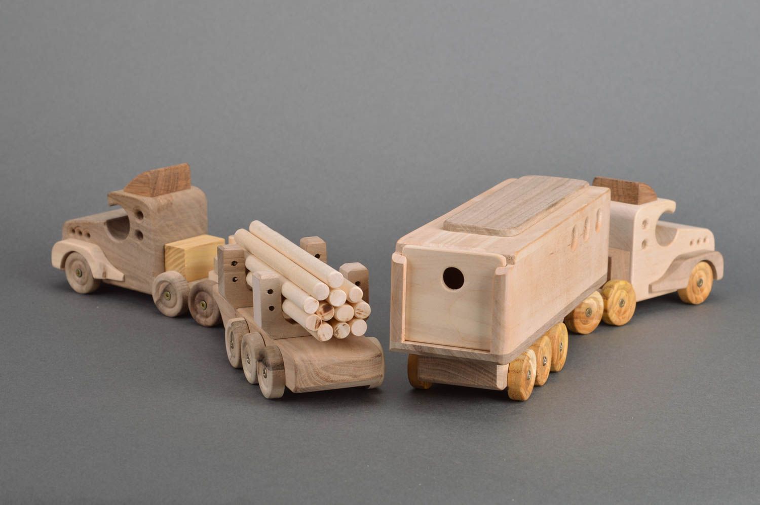 Handmade children's wooden toy cars set 2 pieces trucks with trailer photo 5