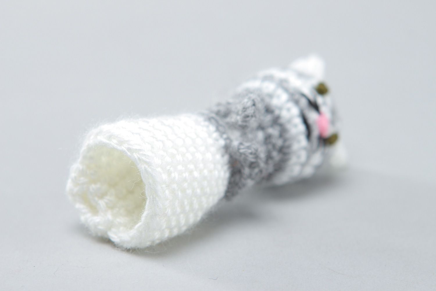 Small handmade finger puppet gray cat crocheted of acrylic threads for children photo 3