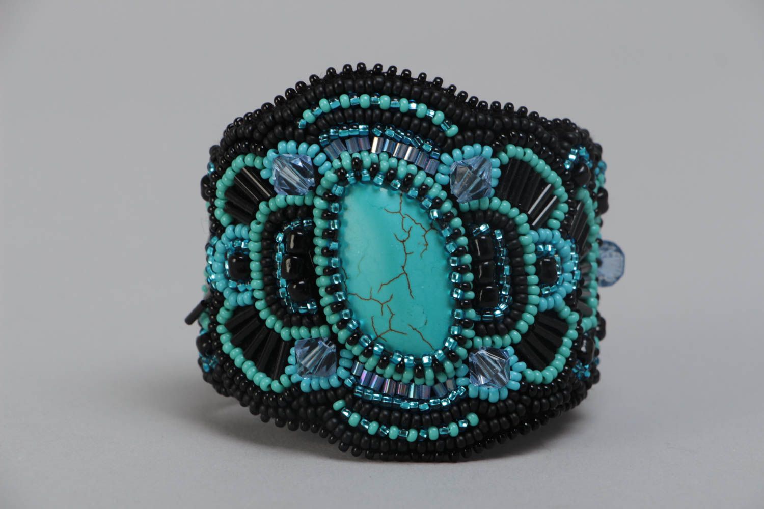 Handmade black wide wrist bracelet embroidered with beads and faux turquoise photo 4