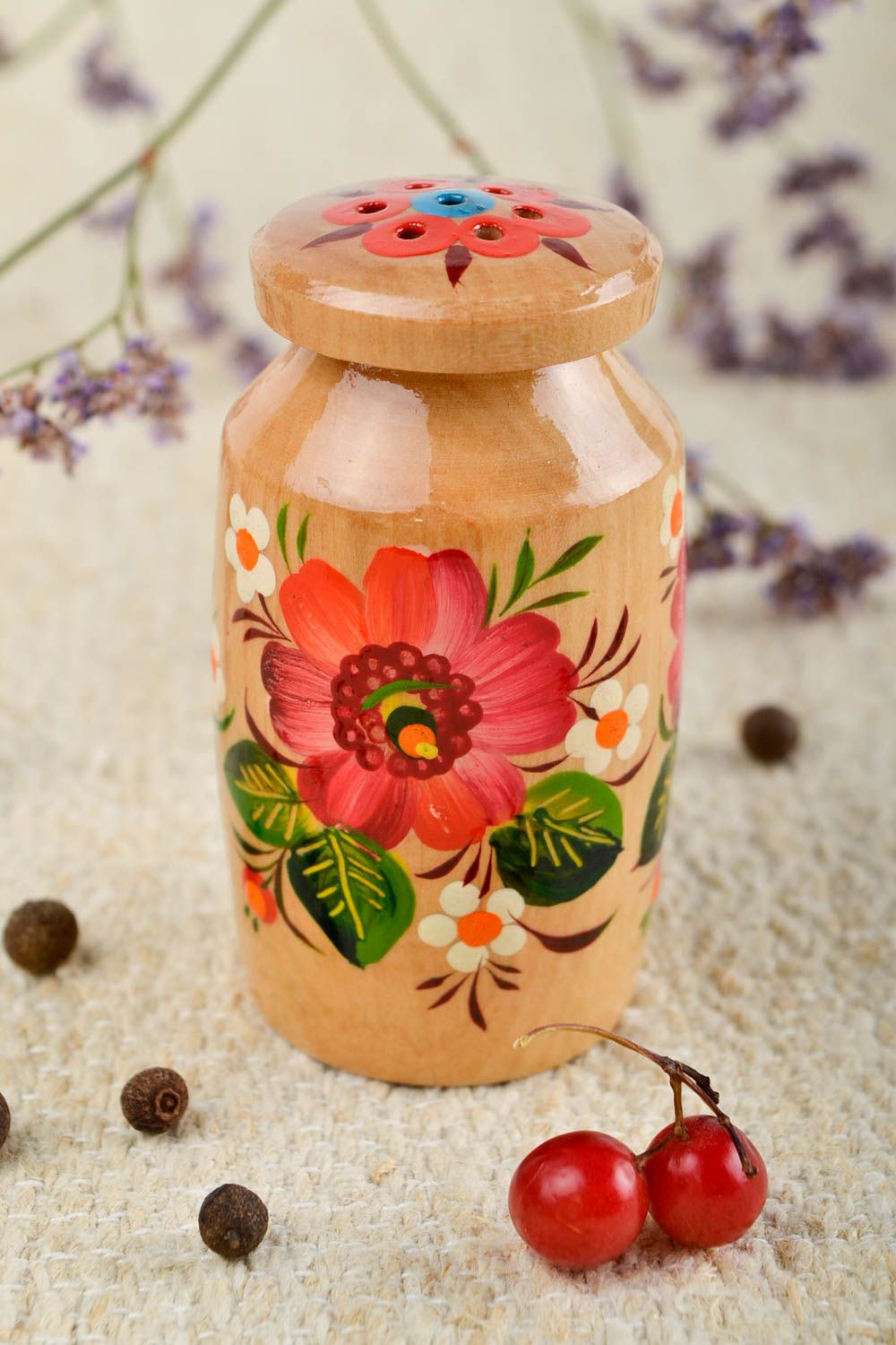 Handmade Salz Behälter Salzstreuer aus Holz Design Küchenhelfer mit Bemalung foto 1