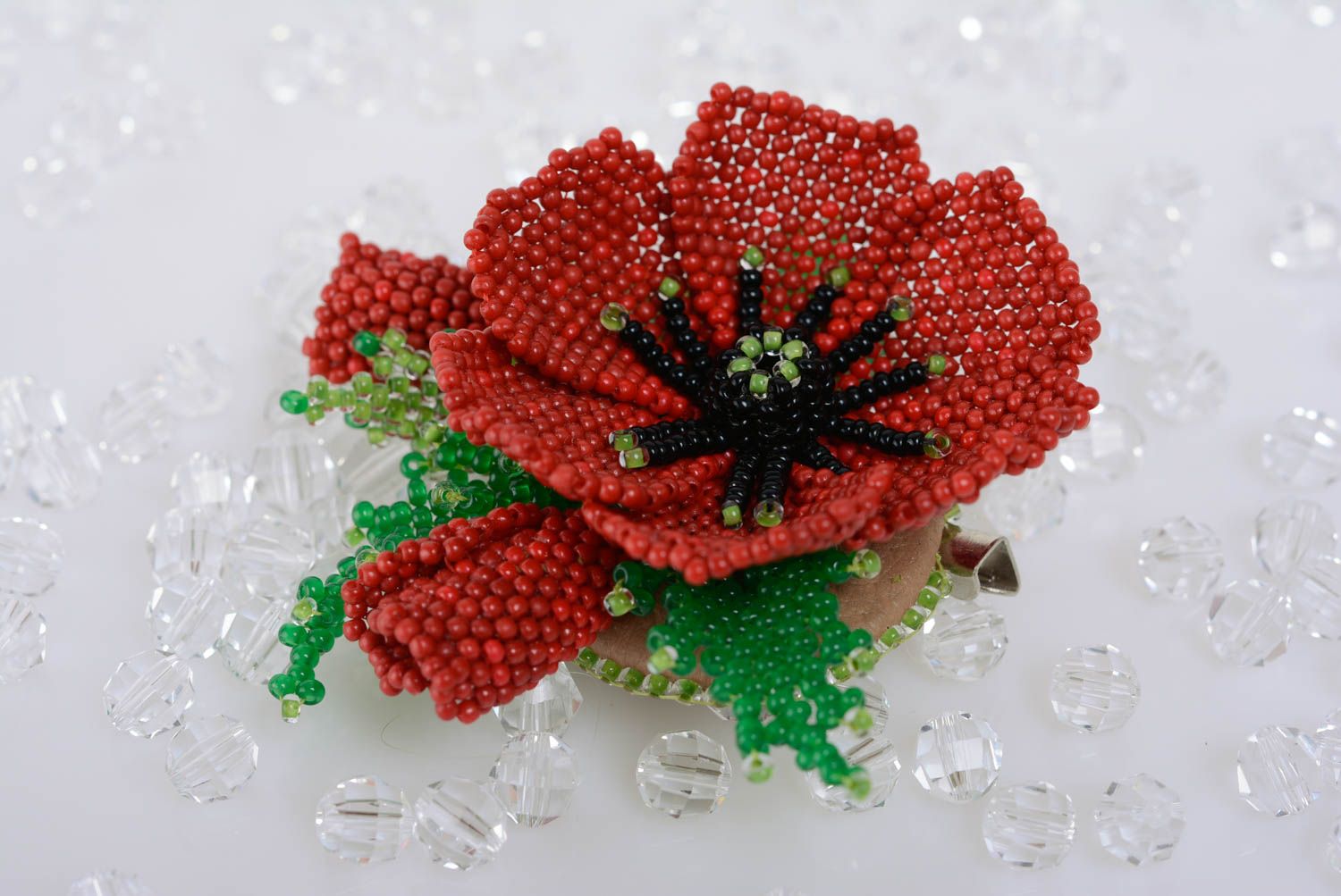 Handmade designer volume flower brooch woven of seed beads Red Poppy with leaves photo 5