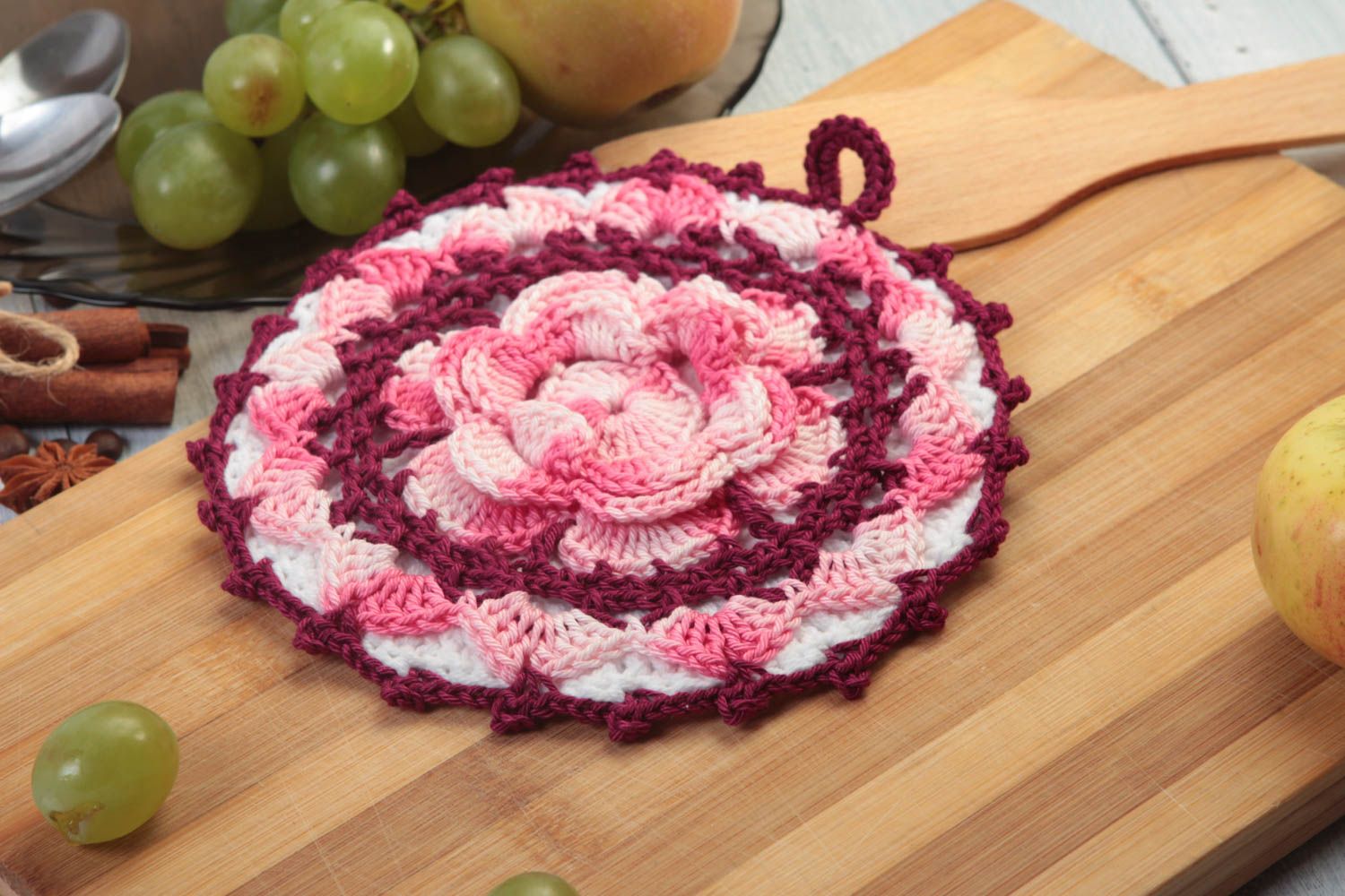 Handmade runder Topflappen gehäkelt Küchen Textilien Haus Deko grelle Blume foto 1