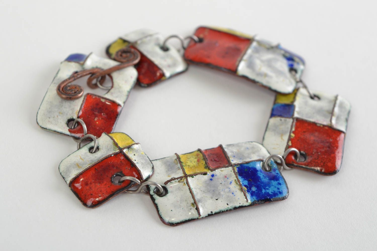 Handmade wrist bracelet with flat copper elements painted with colorful enamels photo 3