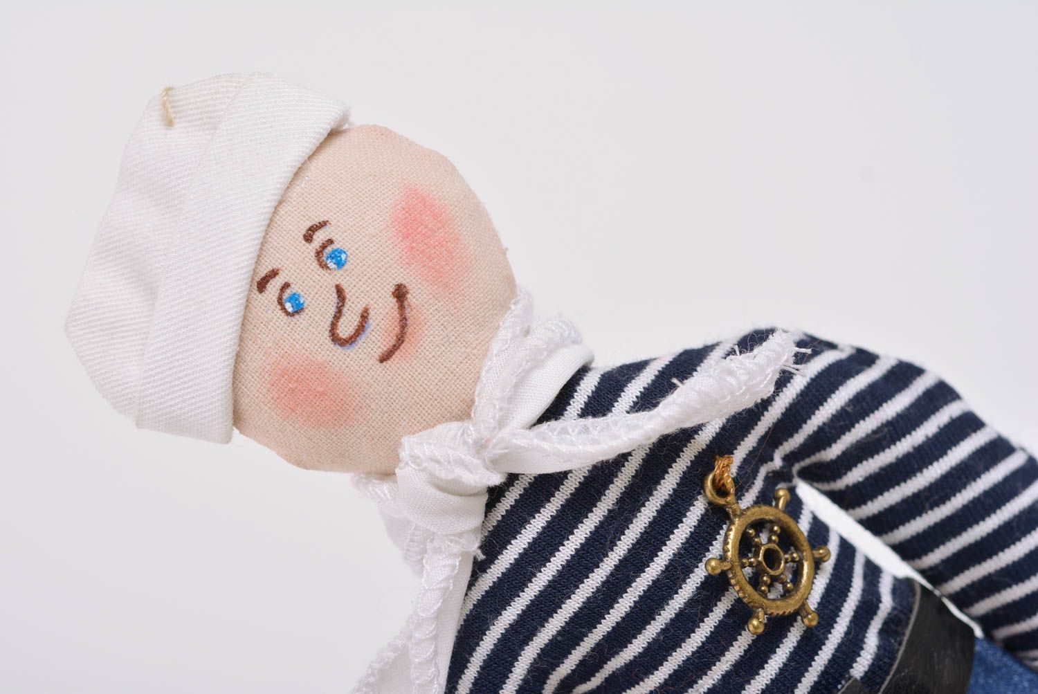 Handmade designer interior soft toy boy sailor in striped sweater and white hat photo 2