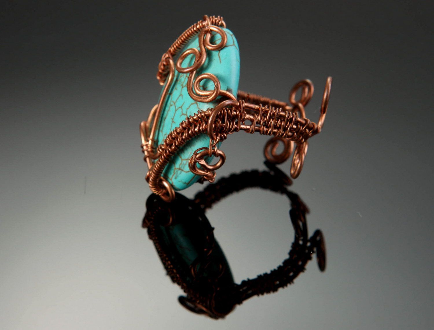 Handmade copper ring with turquoise imitation photo 1