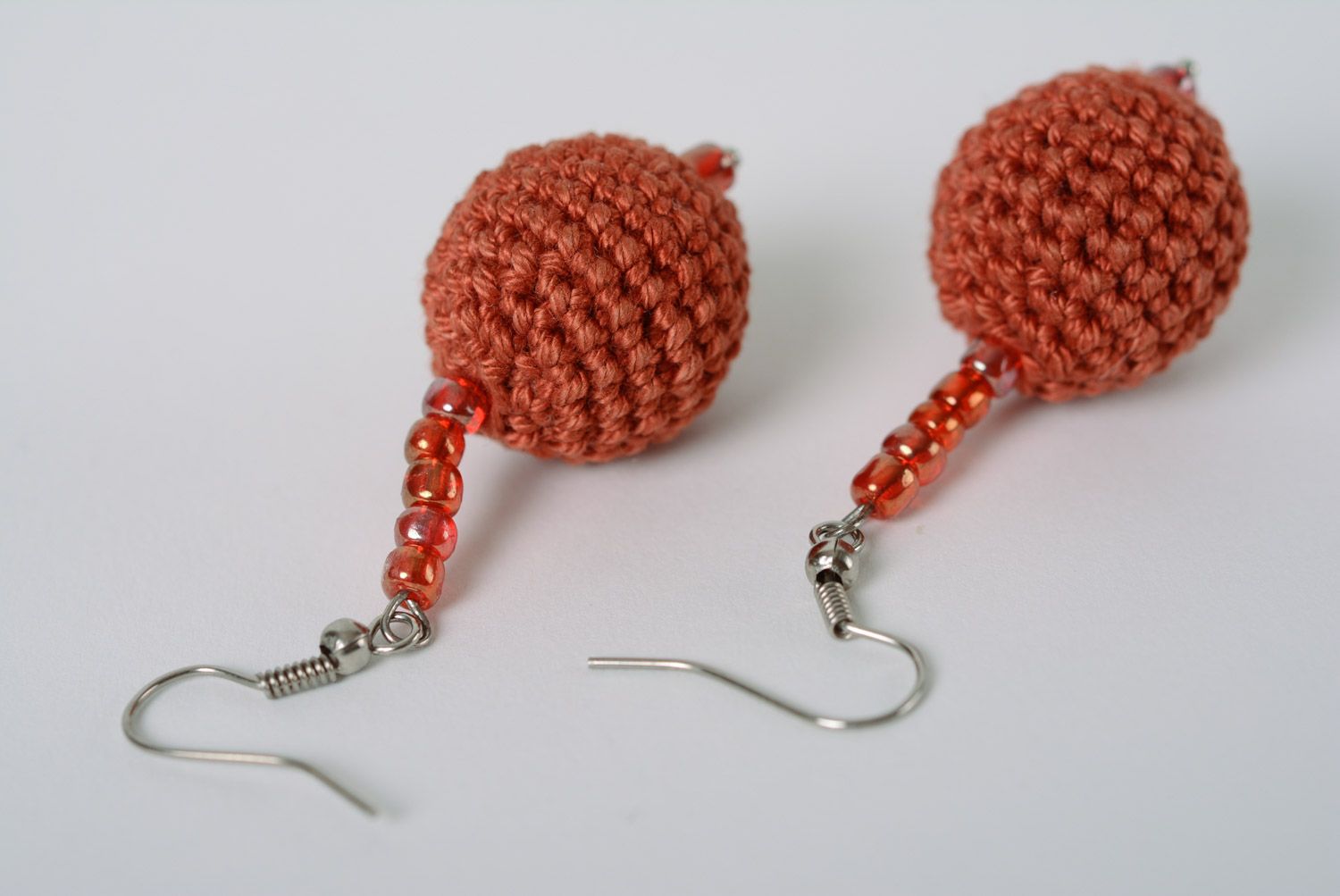 Handmade round dangle earrings crocheted of terracotta cotton threads for women  photo 3