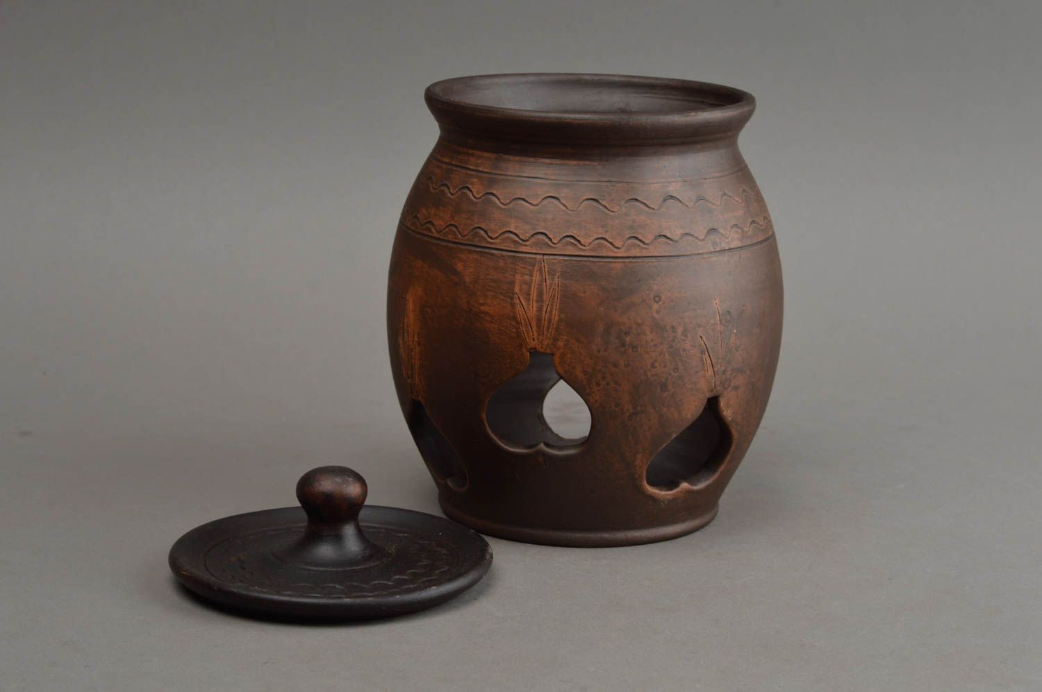 Pot à ail céramique avec couvercle marron style écologique fait main original  photo 2
