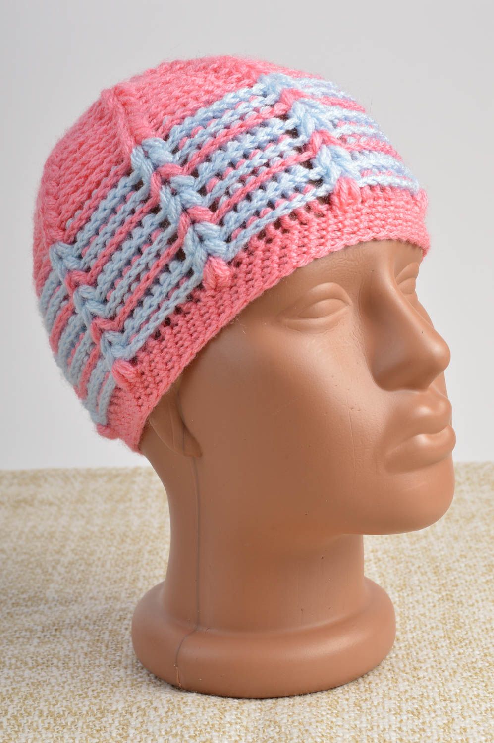 Bonnet tricot fait main Chapeau au crochet Accessoire pour fille rose bleu ciel photo 2