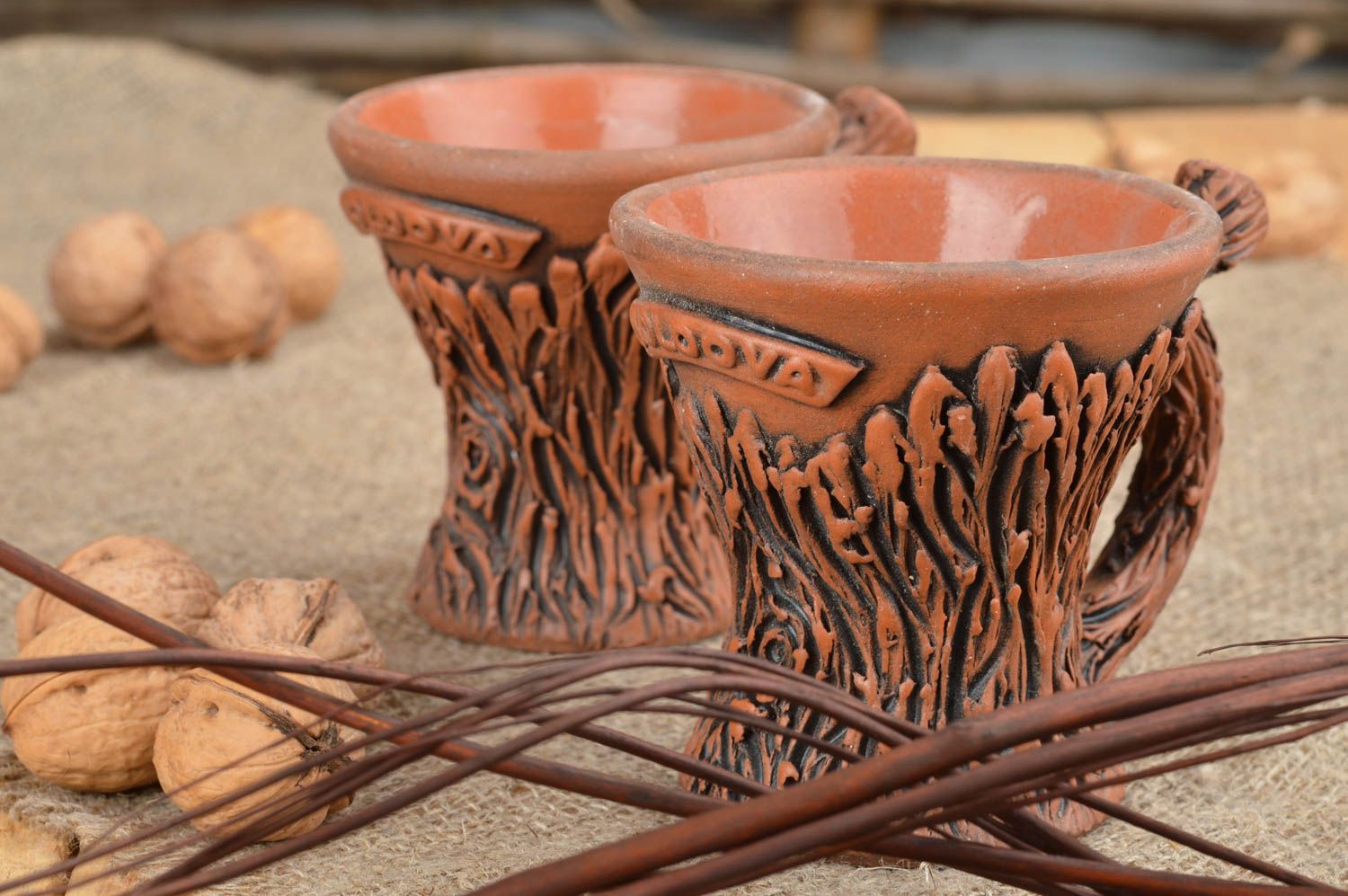 Set of 2 beautiful handmade designer clay cups stylized on wood 100 ml each photo 1