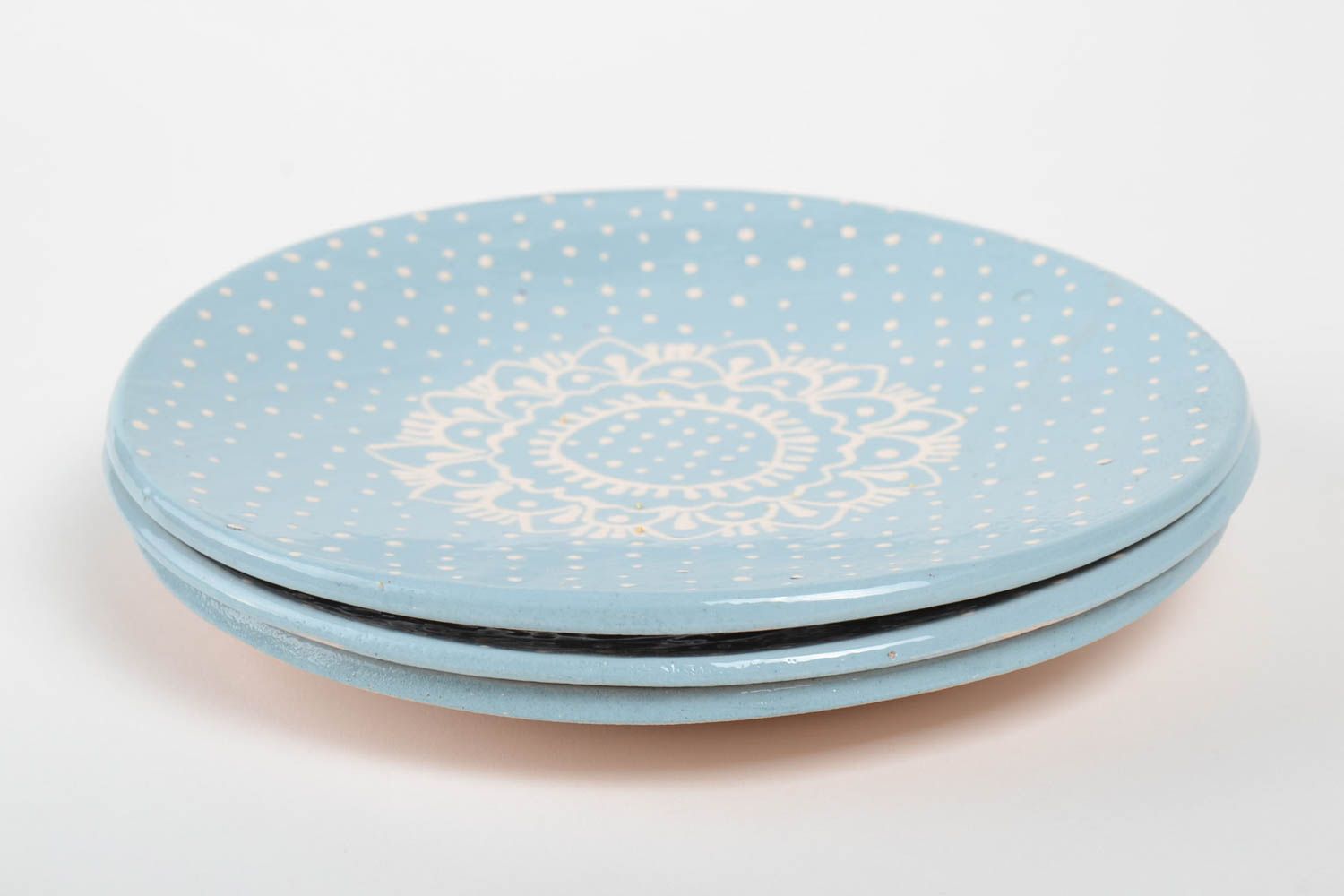 Набор тарелок 3 штуки голубые из гончарной глины ручной работы расписные Цвет фото 3