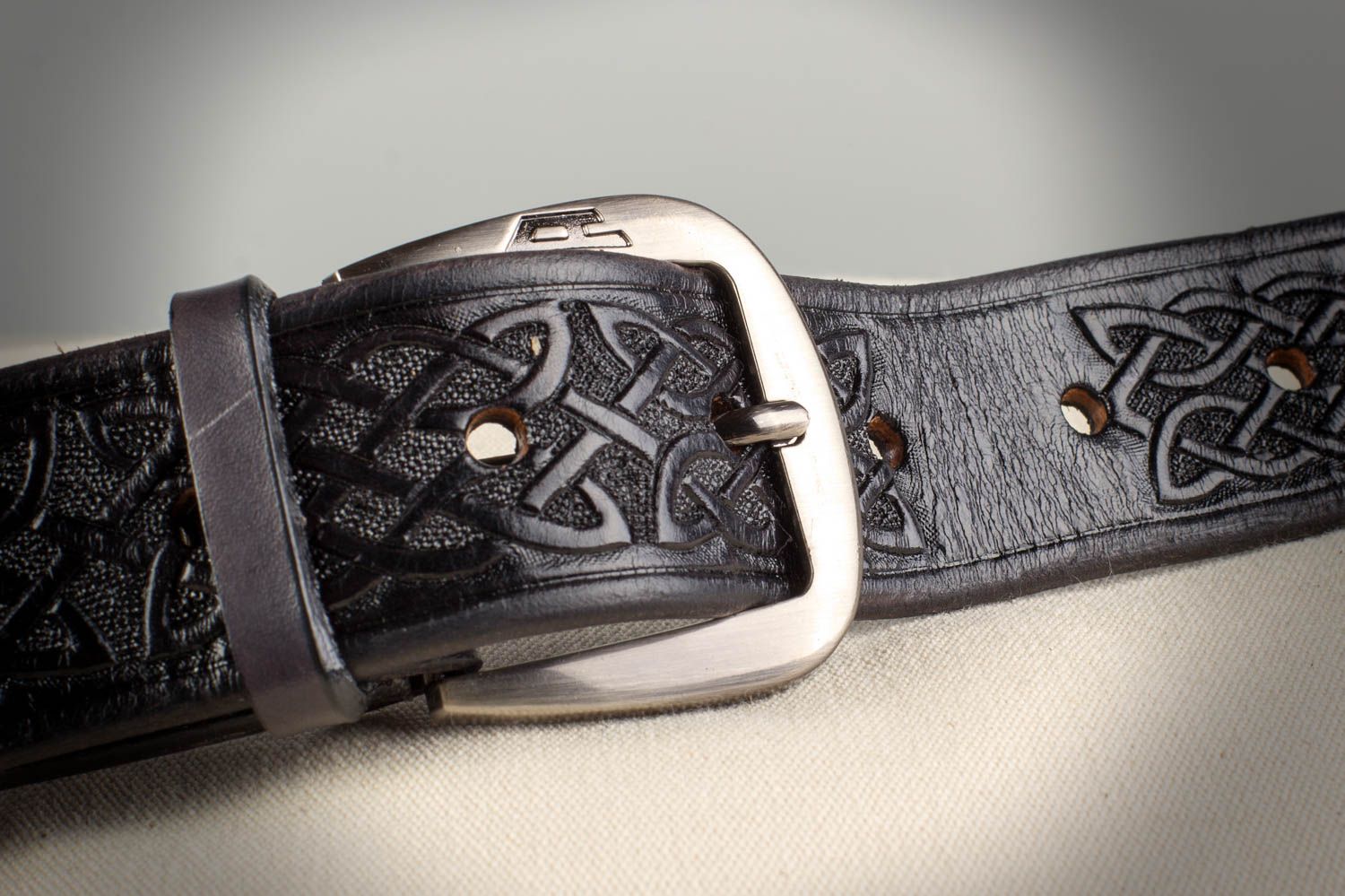 Handmade dark genuine leather belt with embossing and metal buckle Celt for men photo 1