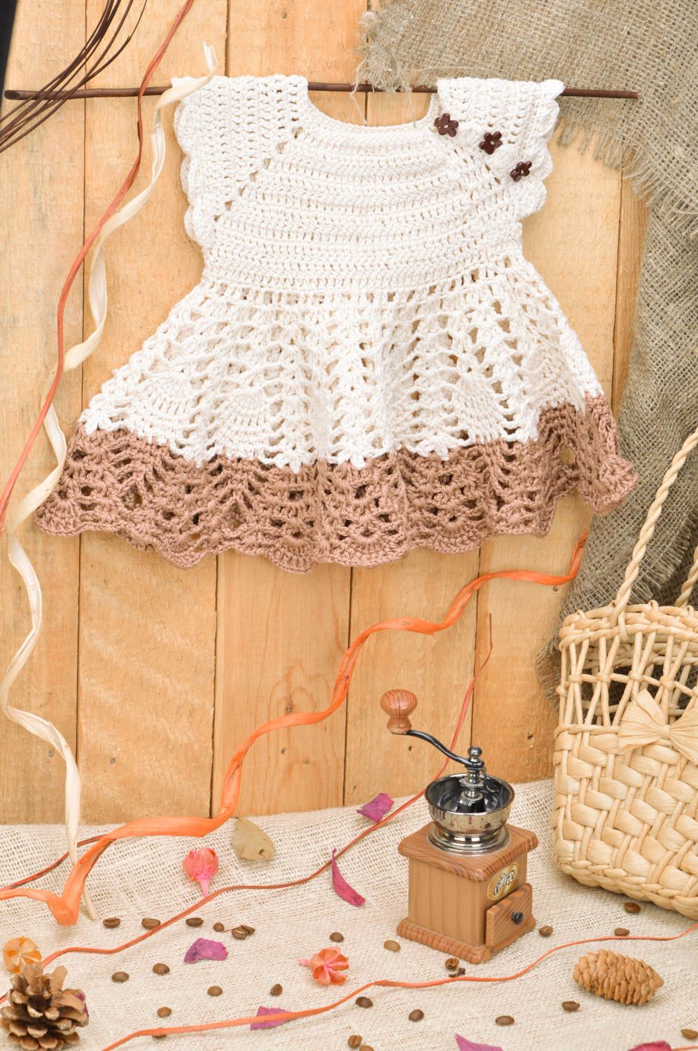 Handmade baby girl lace dress crocheted of acrylic threads beige and brown photo 1