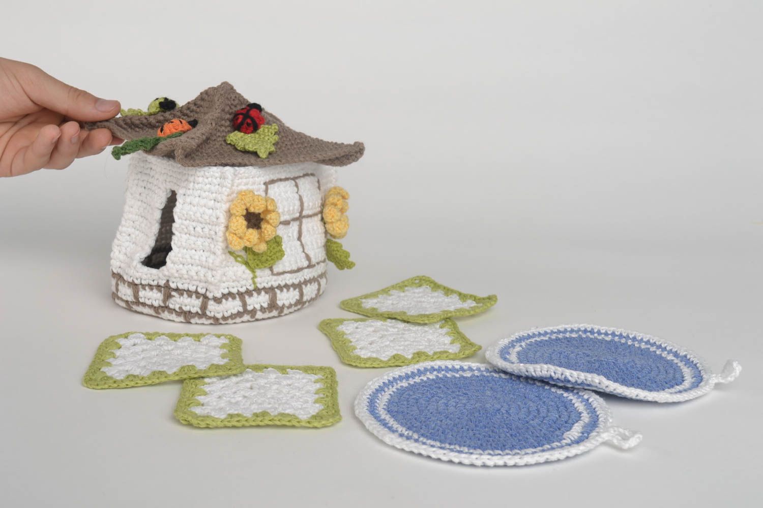 Handmade kitchen accessories set 4 crochet hot pads 2 pot holders teapot cozy photo 5
