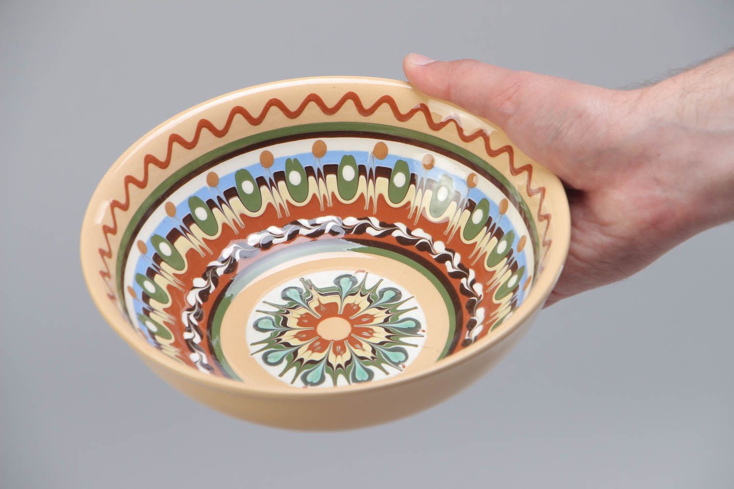 Handmade beautiful ceramic soup bowl with ornament coated with glaze for 600 ml photo 5