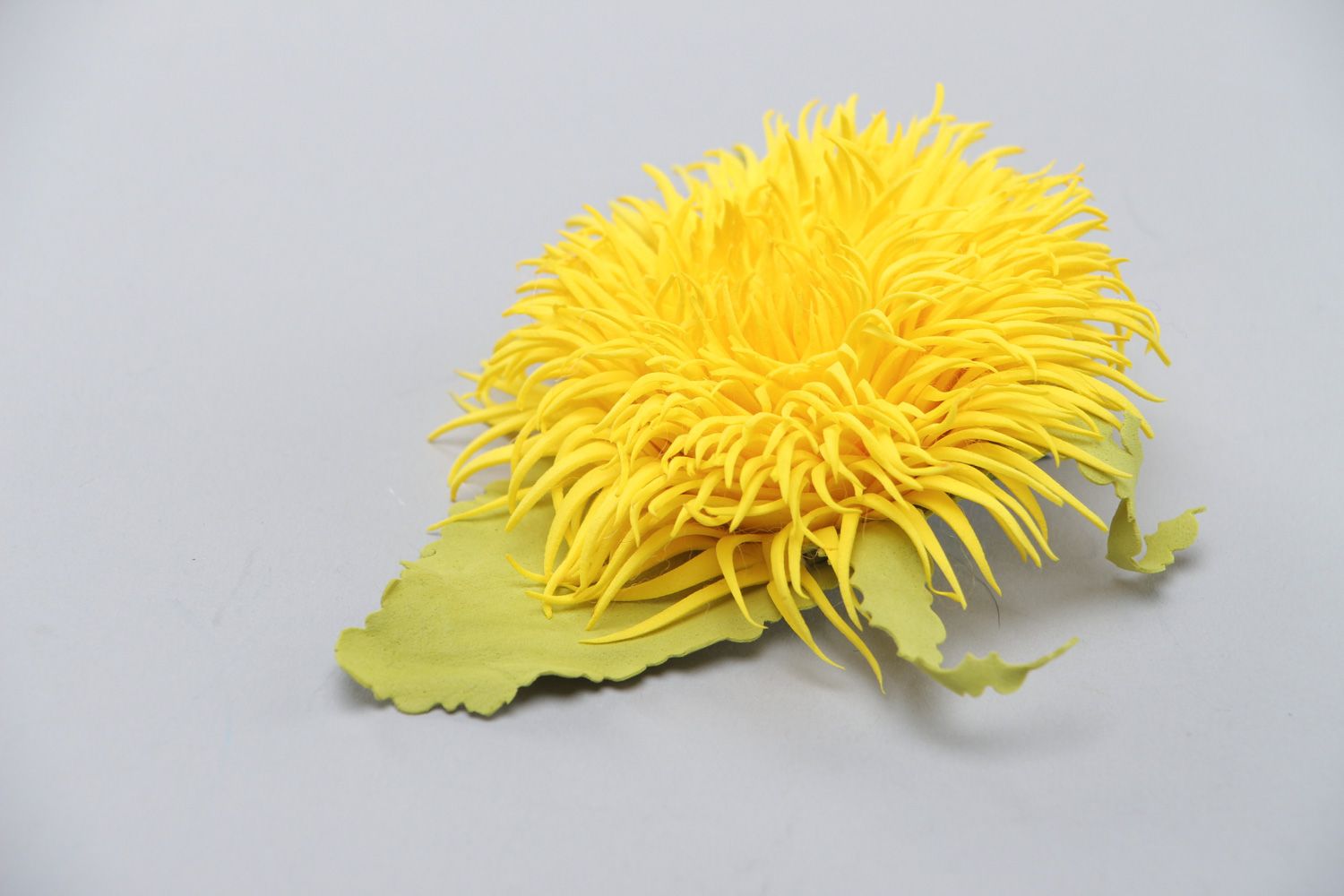 Handmade plastic suede brooch hair clip in the shape of magnificent yellow flower photo 2