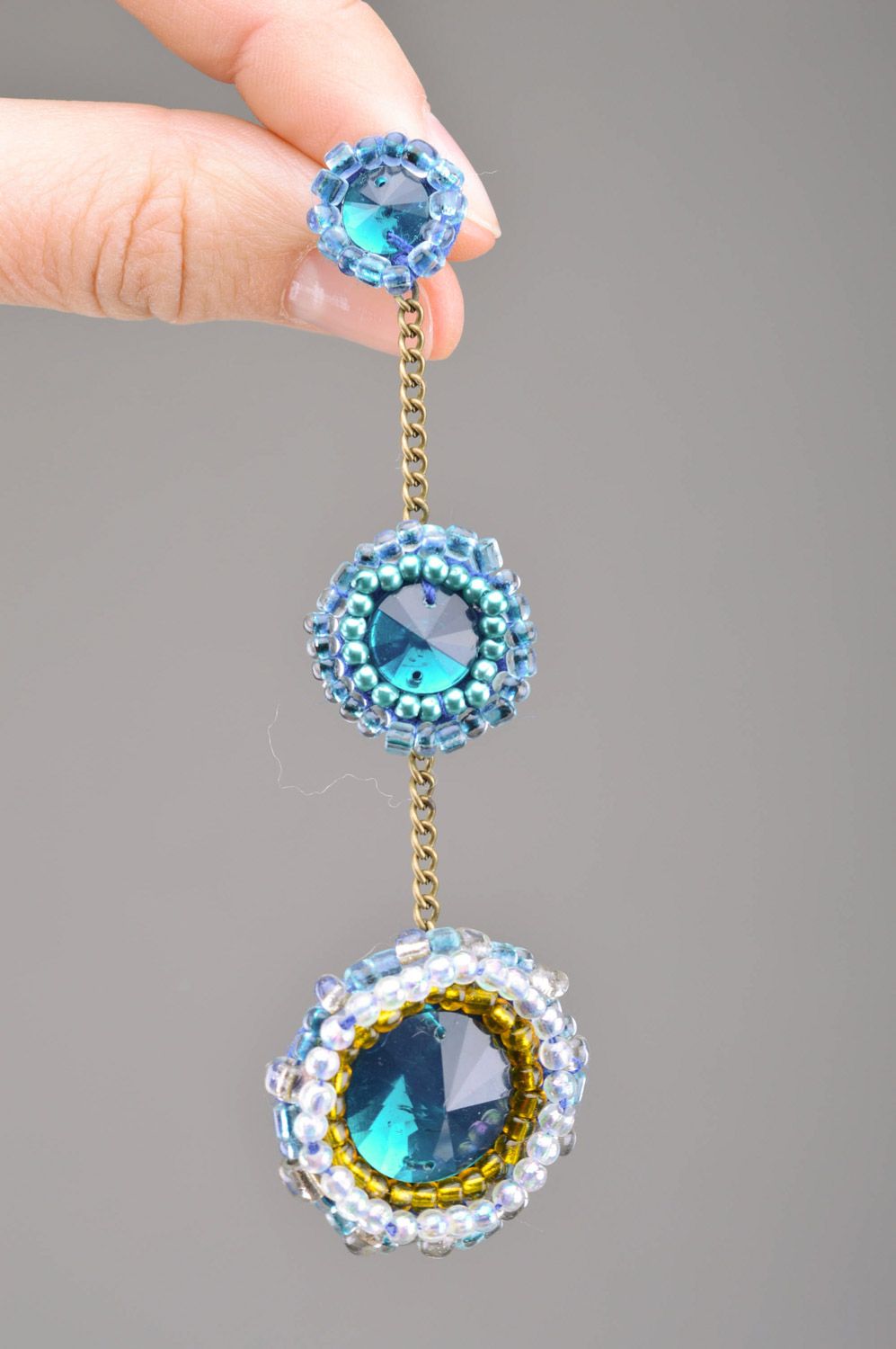 Tender handmade long dangle earrings with beads and stones in blue color palette photo 4
