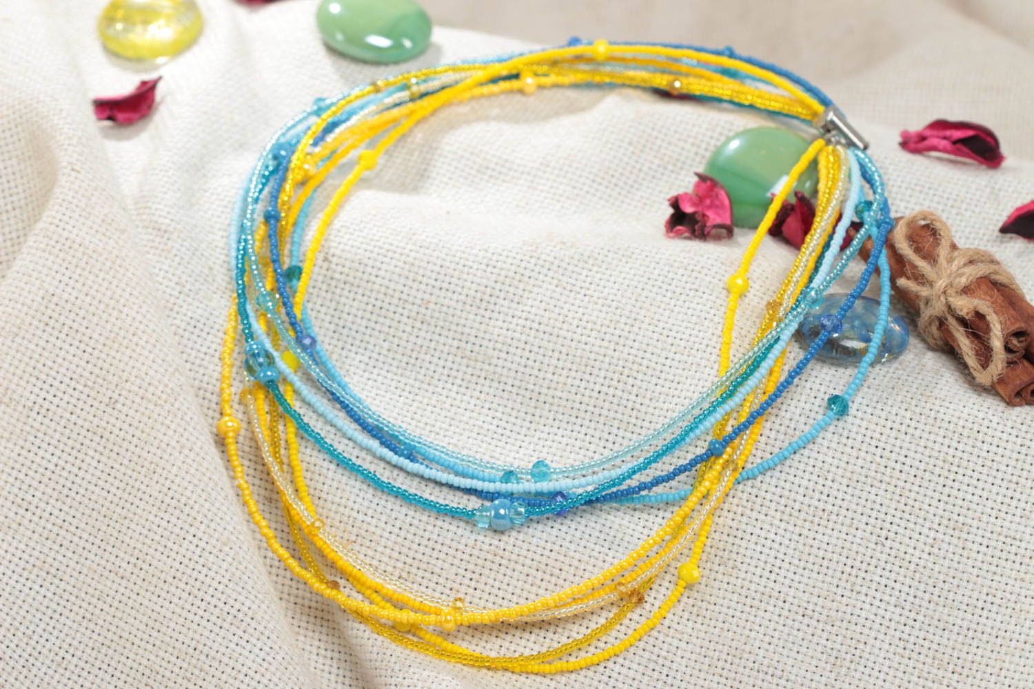 Yellow and blue bright handmade children's multirow beaded necklace photo 1
