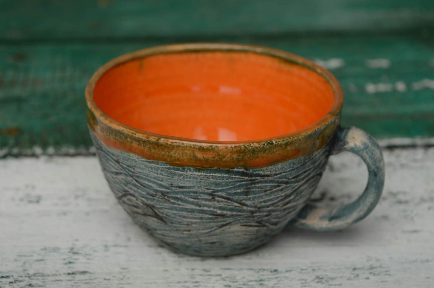 Glazed inside clay handmade drinking cup for coffee or tea photo 4