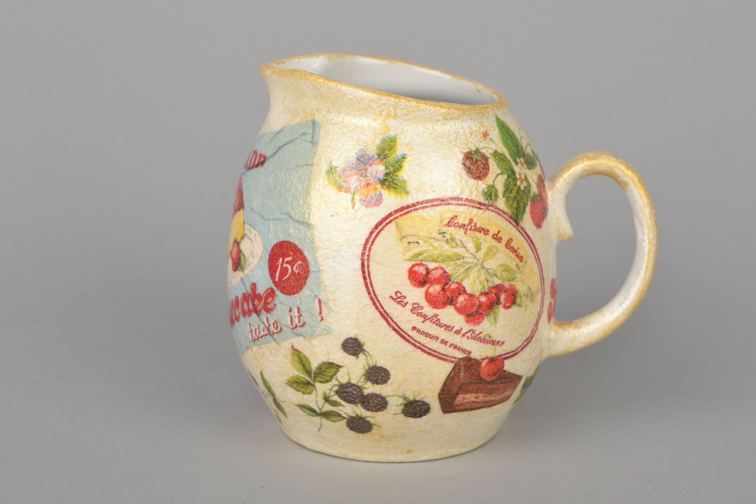 8 oz ceramic creamer jug with handle and decoupage design 0,5 lb photo 3