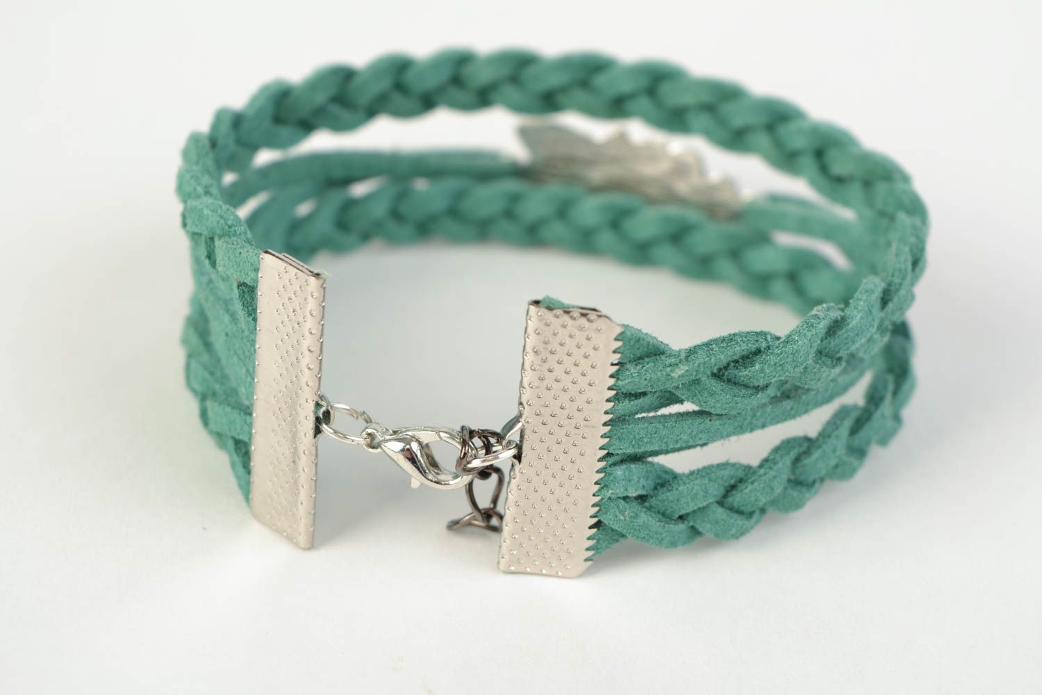 Green handmade woven suede cord bracelet with charm in the shape of owl photo 4