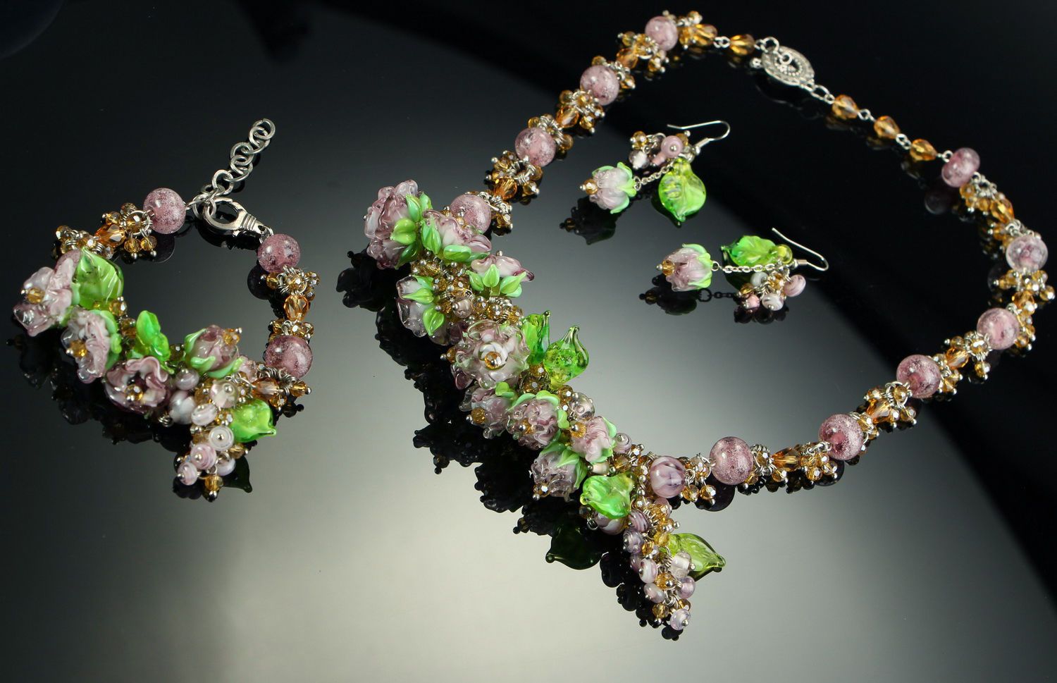 Jewelry set: necklace, bracelet, earrings, lampwork photo 1