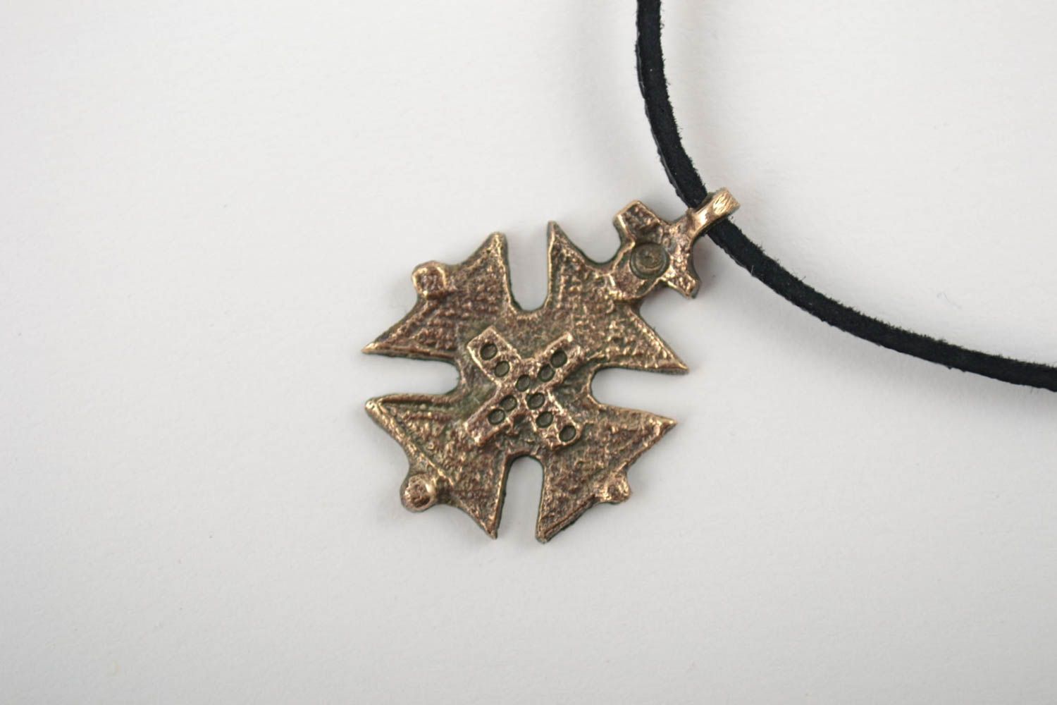 Handmade decorative small bronze next to skin cross pendant necklace on cord  photo 3