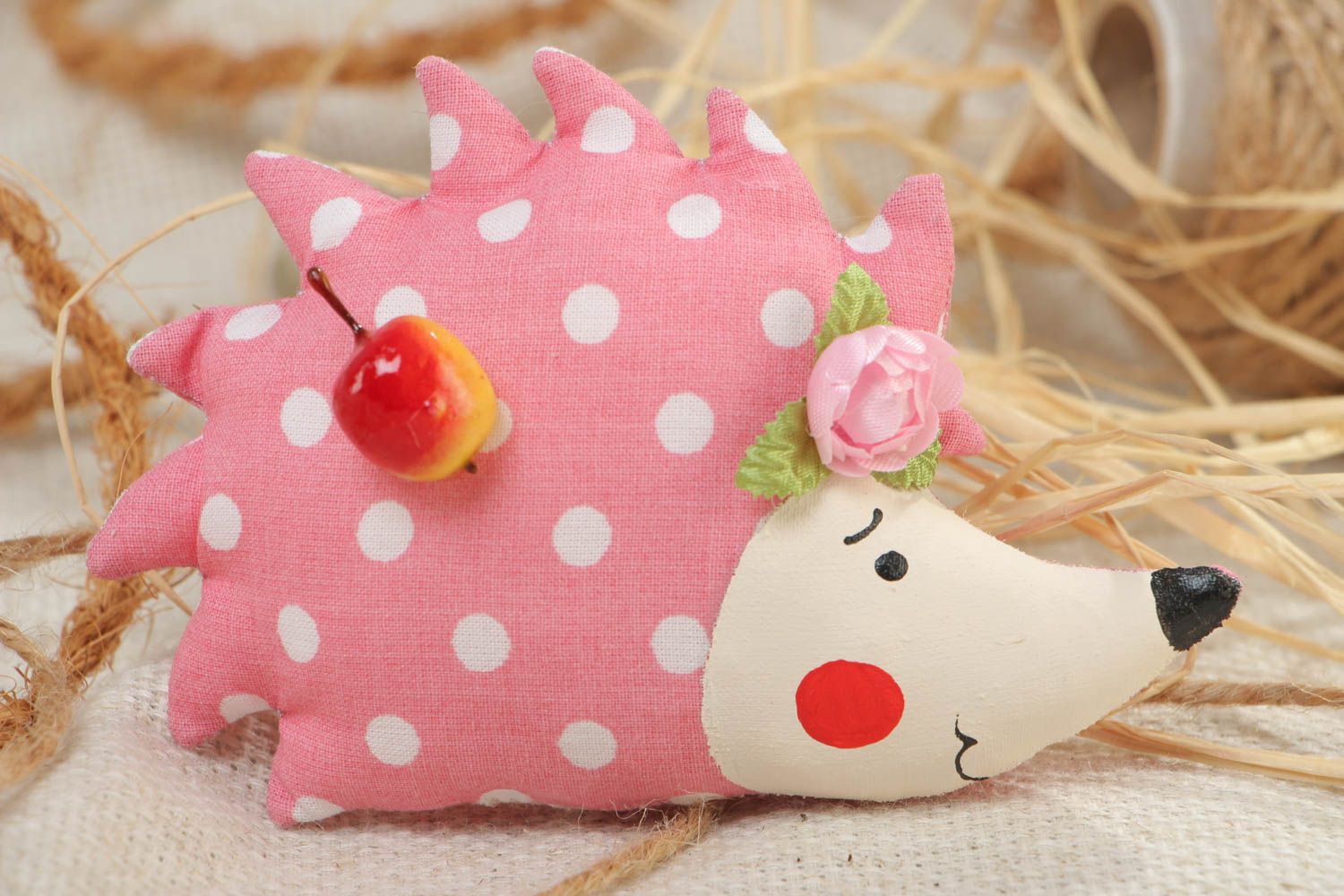 Handmade fridge magnet soft toy sewn of polka dot pink cotton fabric Hedgehog photo 1
