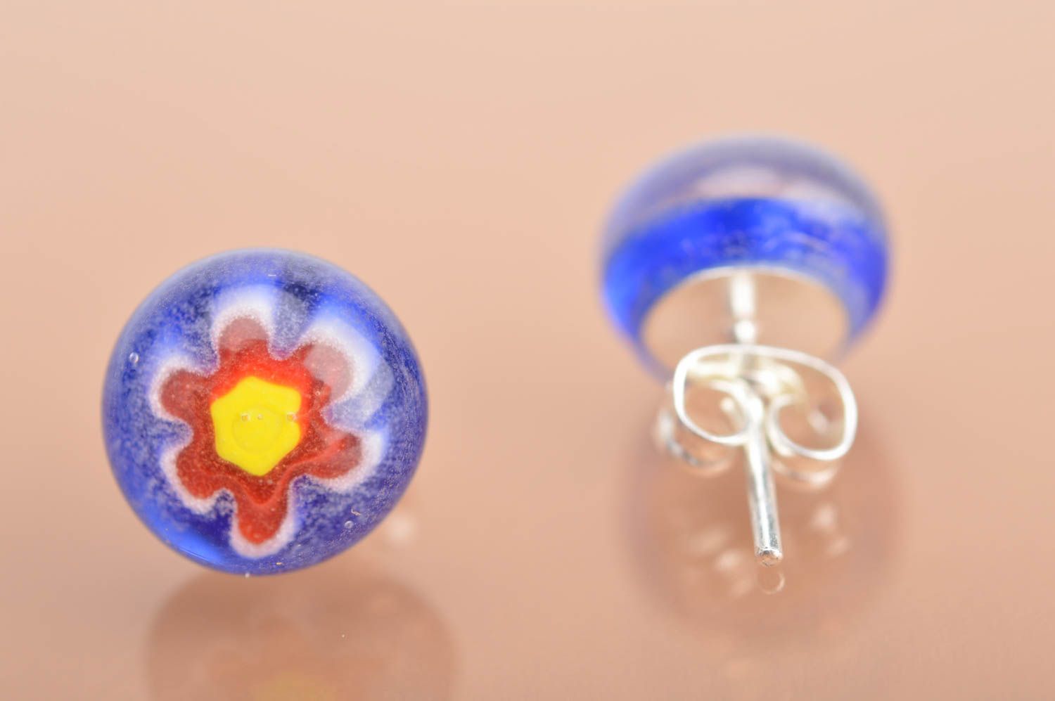 Beautiful round handmade millefiori glass stud earrings with silver fittings photo 2