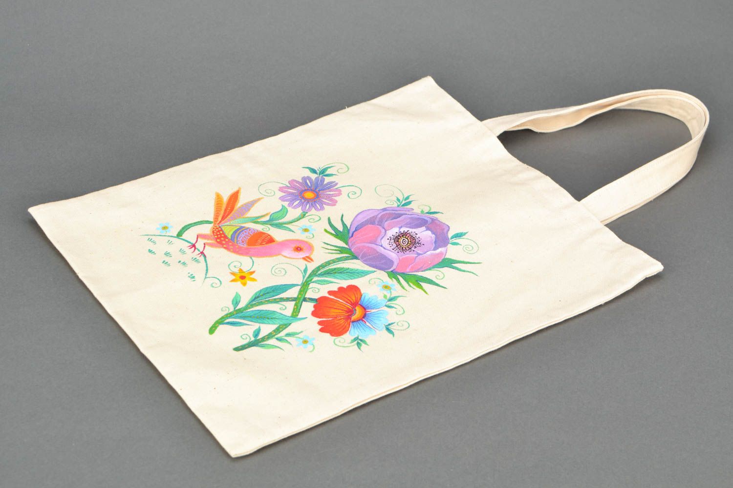 Textile, cotton white shoulder bag with floral design  photo 4