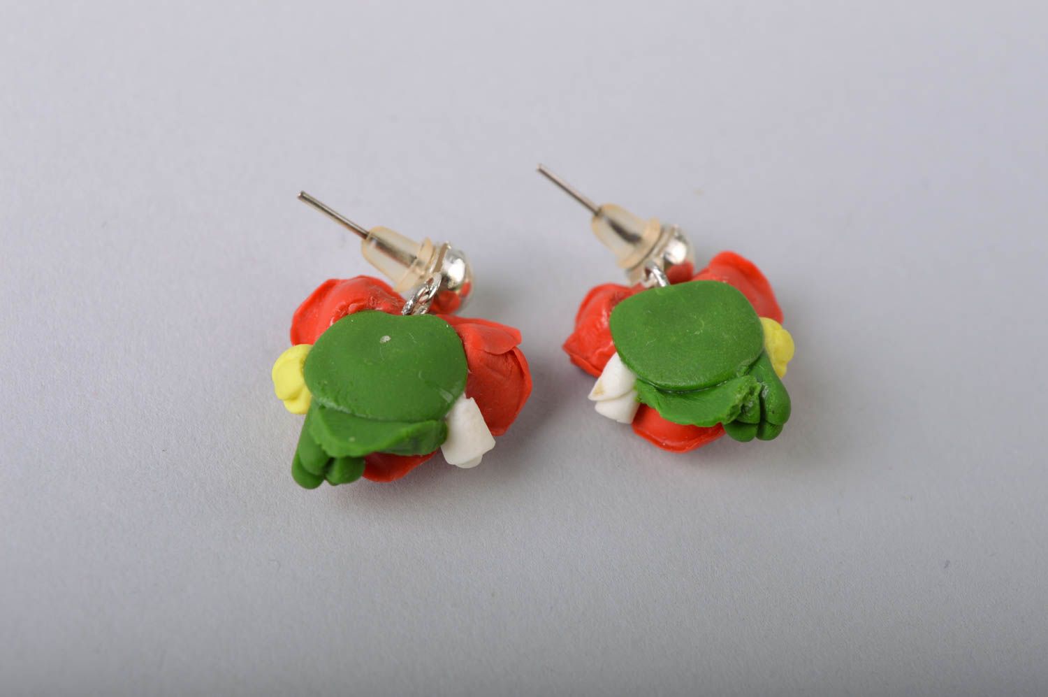 Handmade small stud earrings with cold porcelain red rose flower compositions photo 4