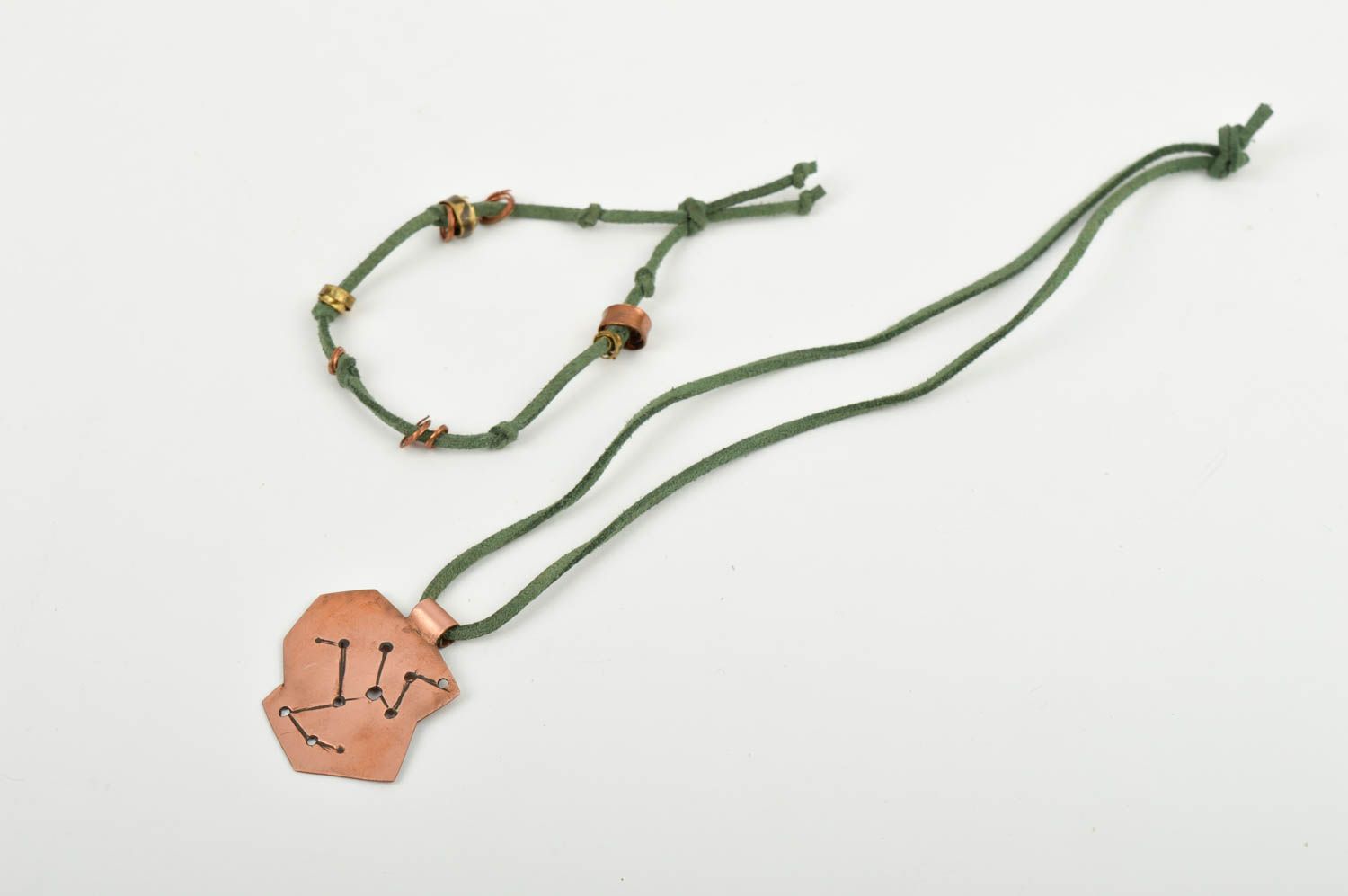 Parure de Bijoux en cuivre fait main Bracelet et pendentif sur cordons verts photo 3