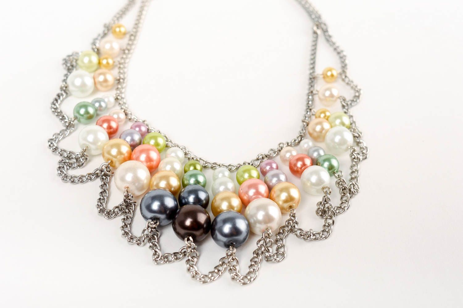 Handmade massive women's necklace with ceramic colorful pearls on metal chain photo 3