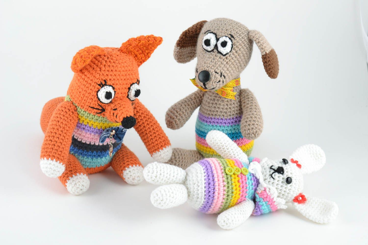 Set of 3 cute handmade crocheted soft toys dog fox and rabbit for children photo 1