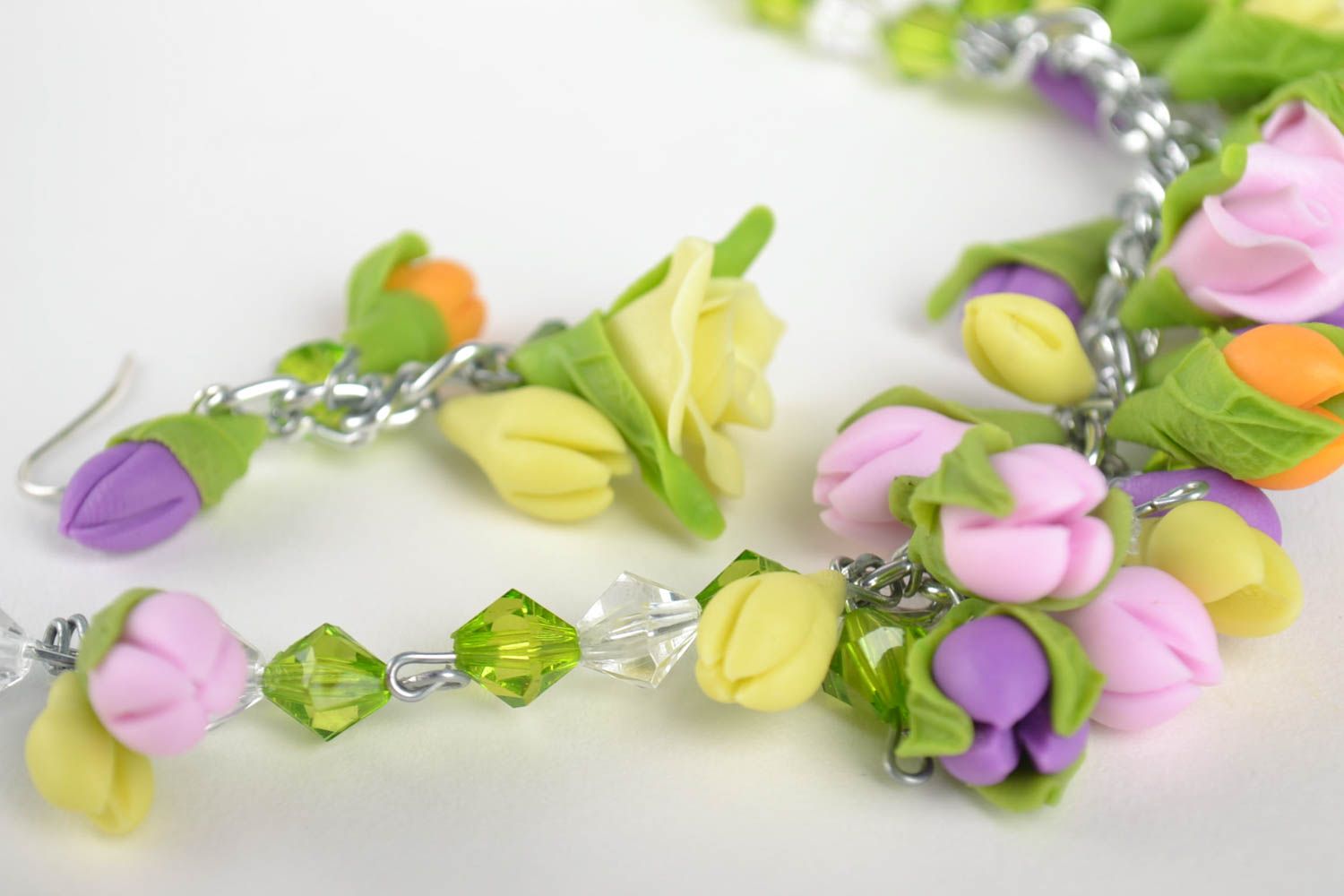 Handmade earrings and necklace with flowers designer floral bijouterie set photo 3