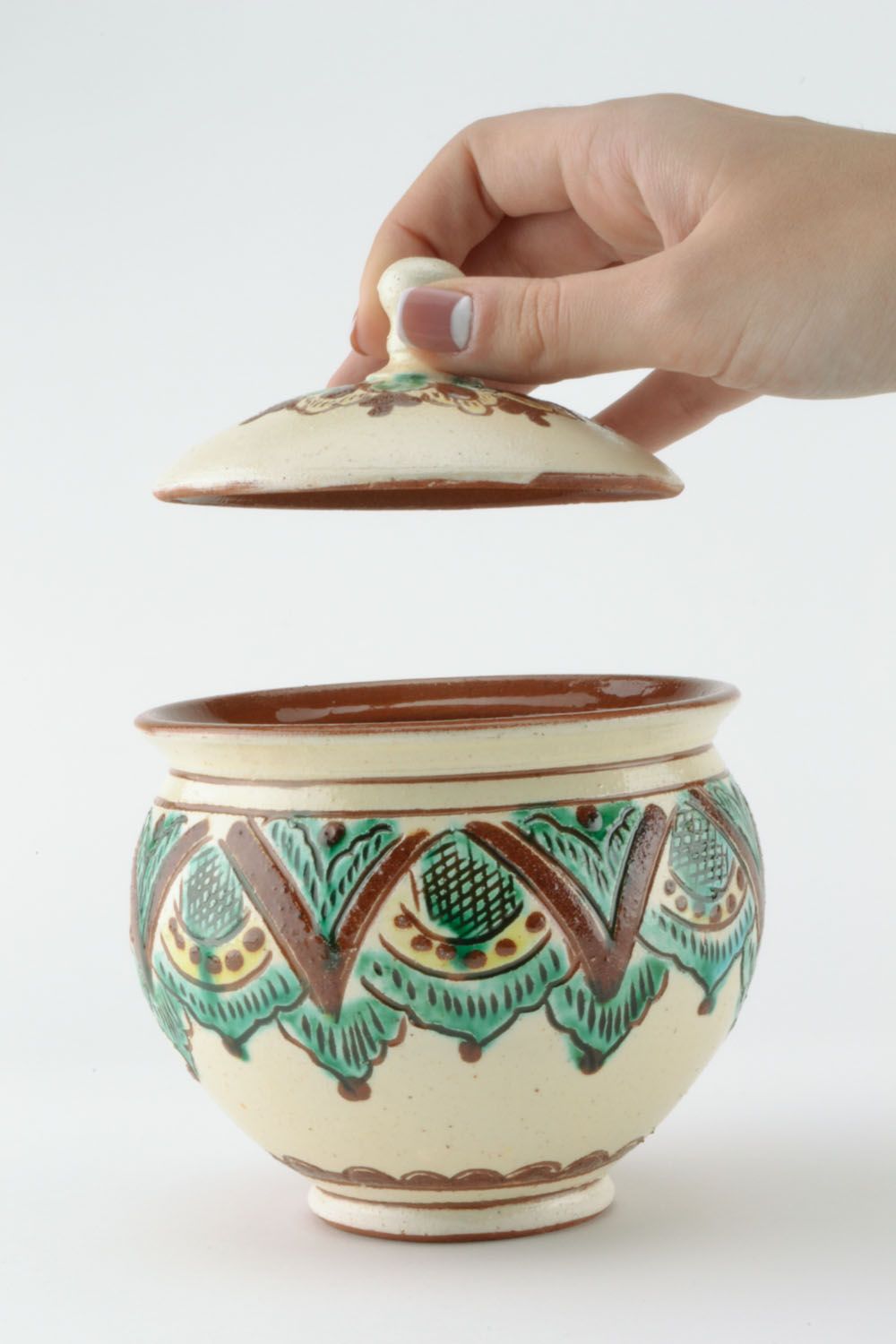Pote de cerâmica pintado artesanal com tampa  foto 2