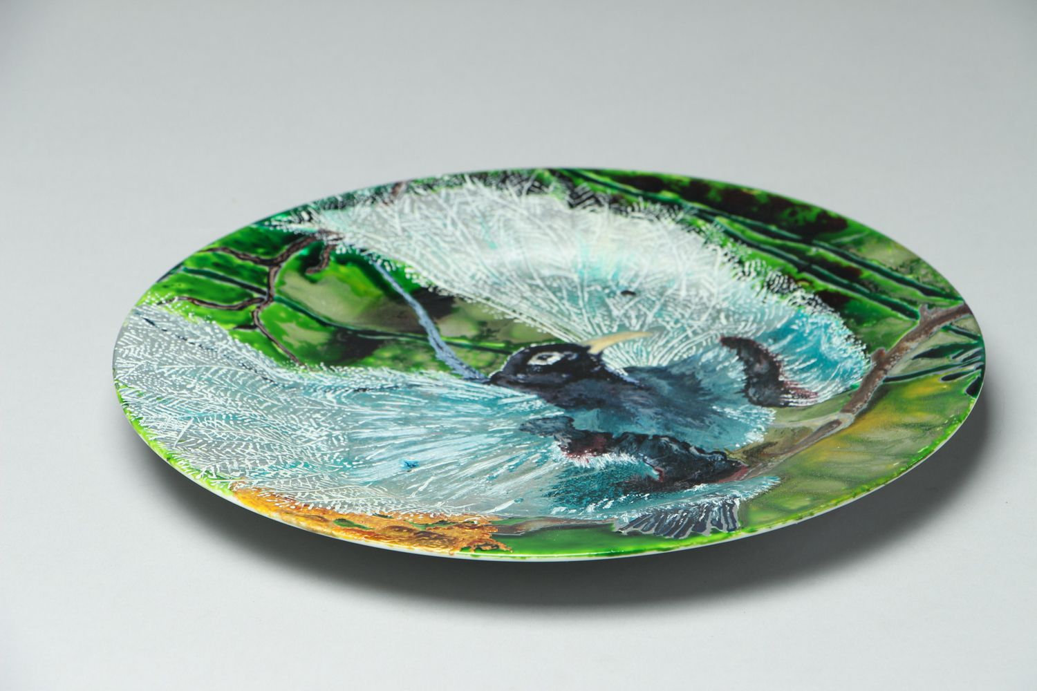 Декоративная стеклянная тарелка расписная Птица фото 3