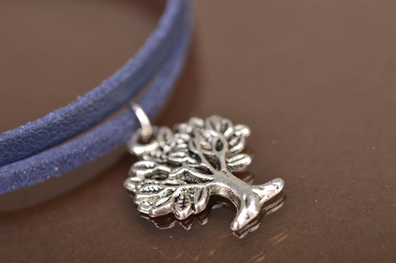 Handmade designer dark blue genuine leather wrist bracelet with metal charm Tree photo 3