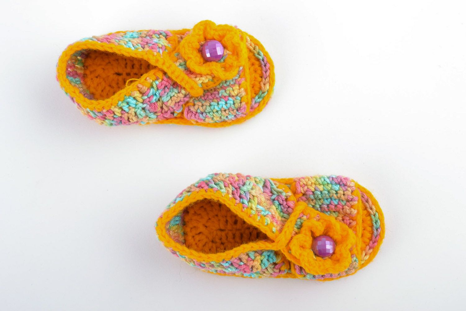 Multi-colored handmade knitted baby booties sandals with yellow flower photo 4