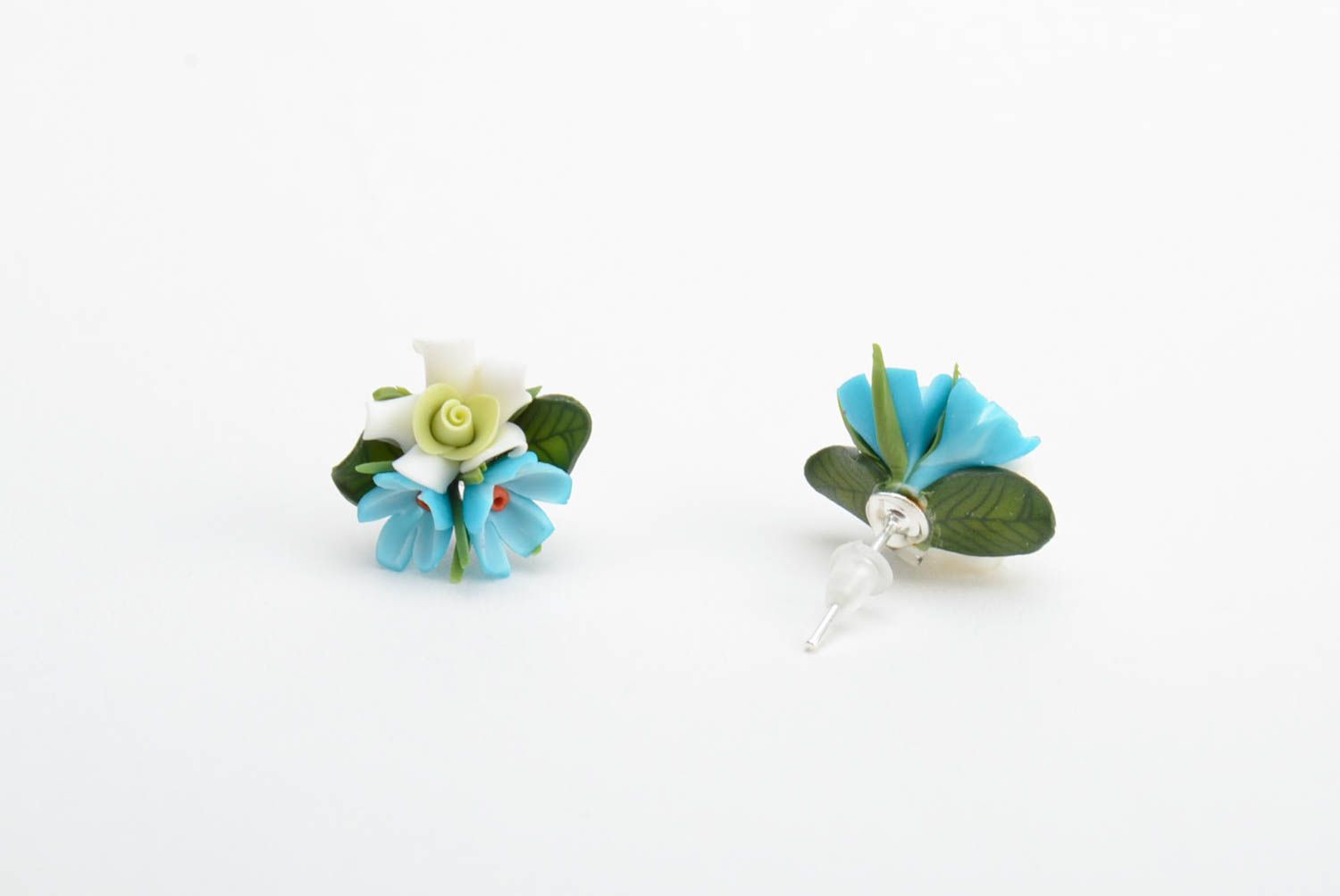 Handmade small tender stud earrings with blue polymer clay flower bouquets photo 4