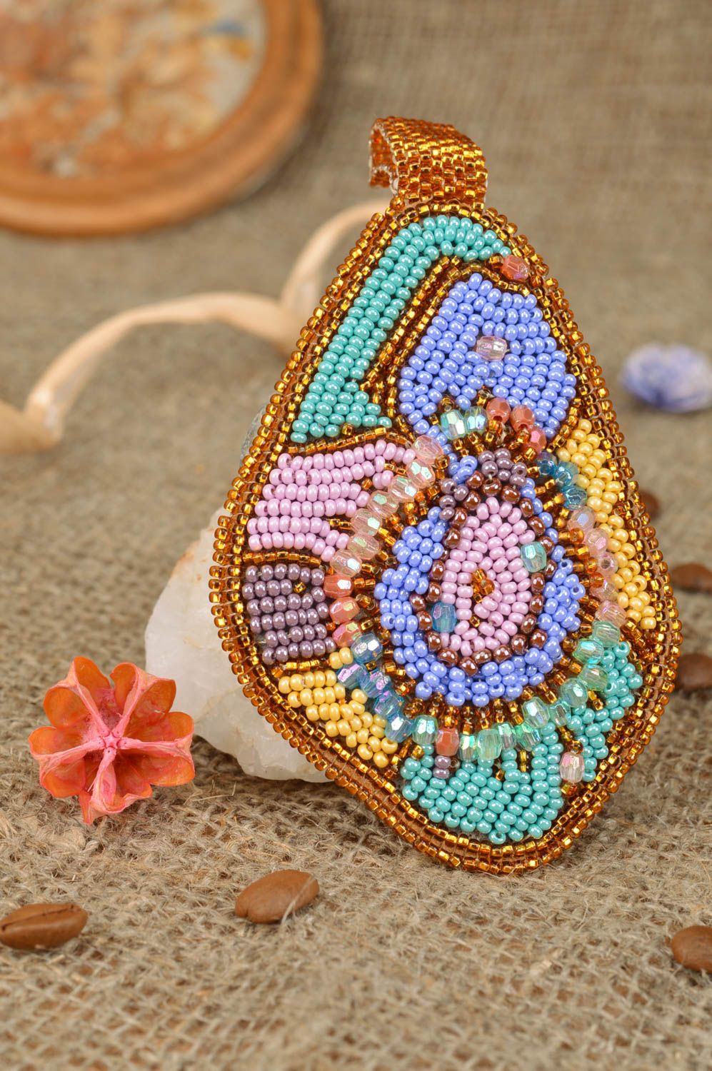 Handmade stylish massive beaded embroidered pendant summer colorful accessory photo 1
