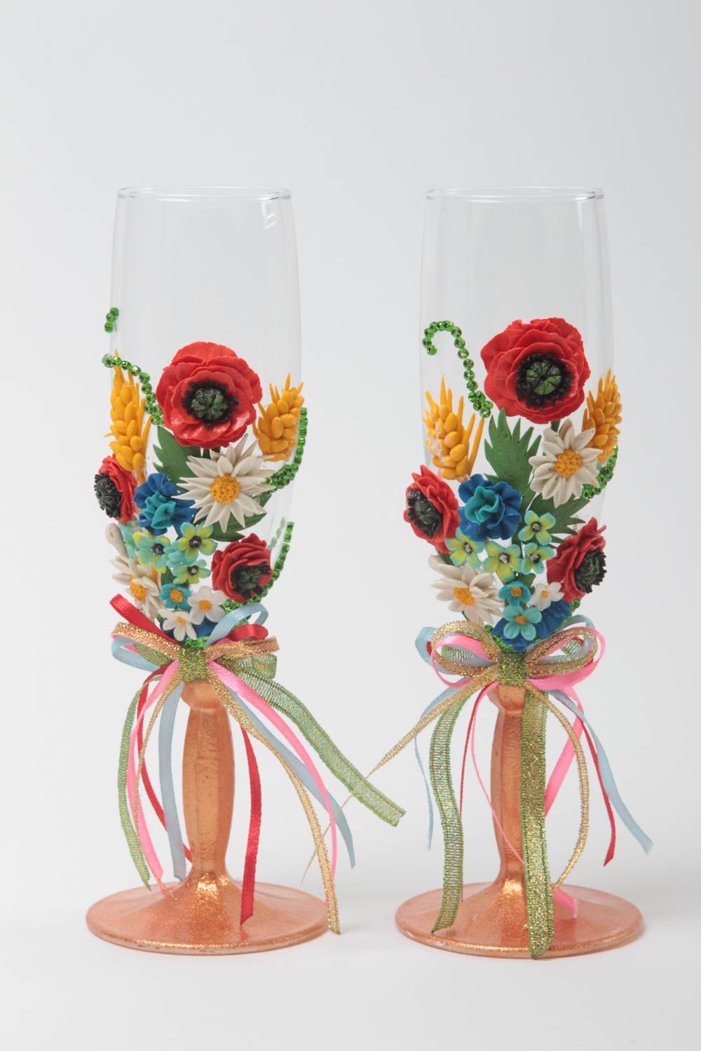 Handmade decorated wine glasses wedding or interior champagne glasses clay decor photo 2